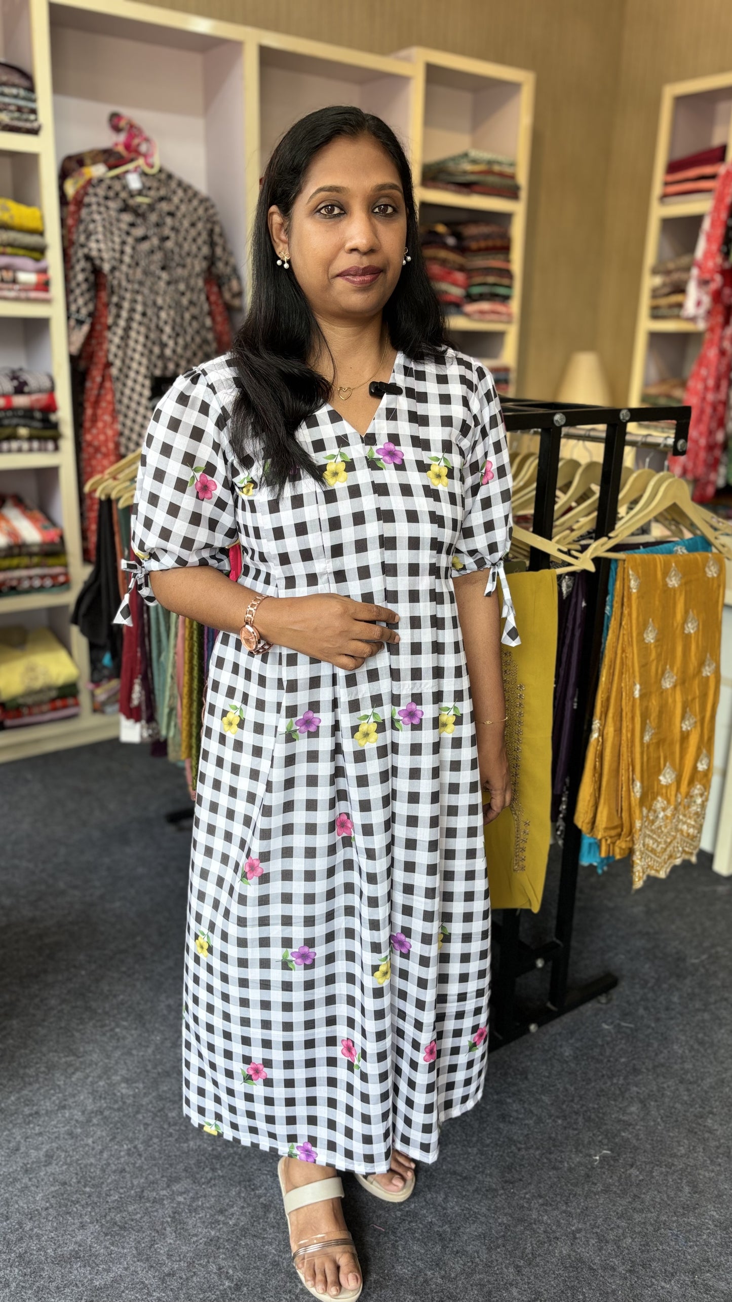 Maanvi Checks Design Frock with Box Pleats & Knot Sleeve Detail | Trendy Casual Wear Dress for Women