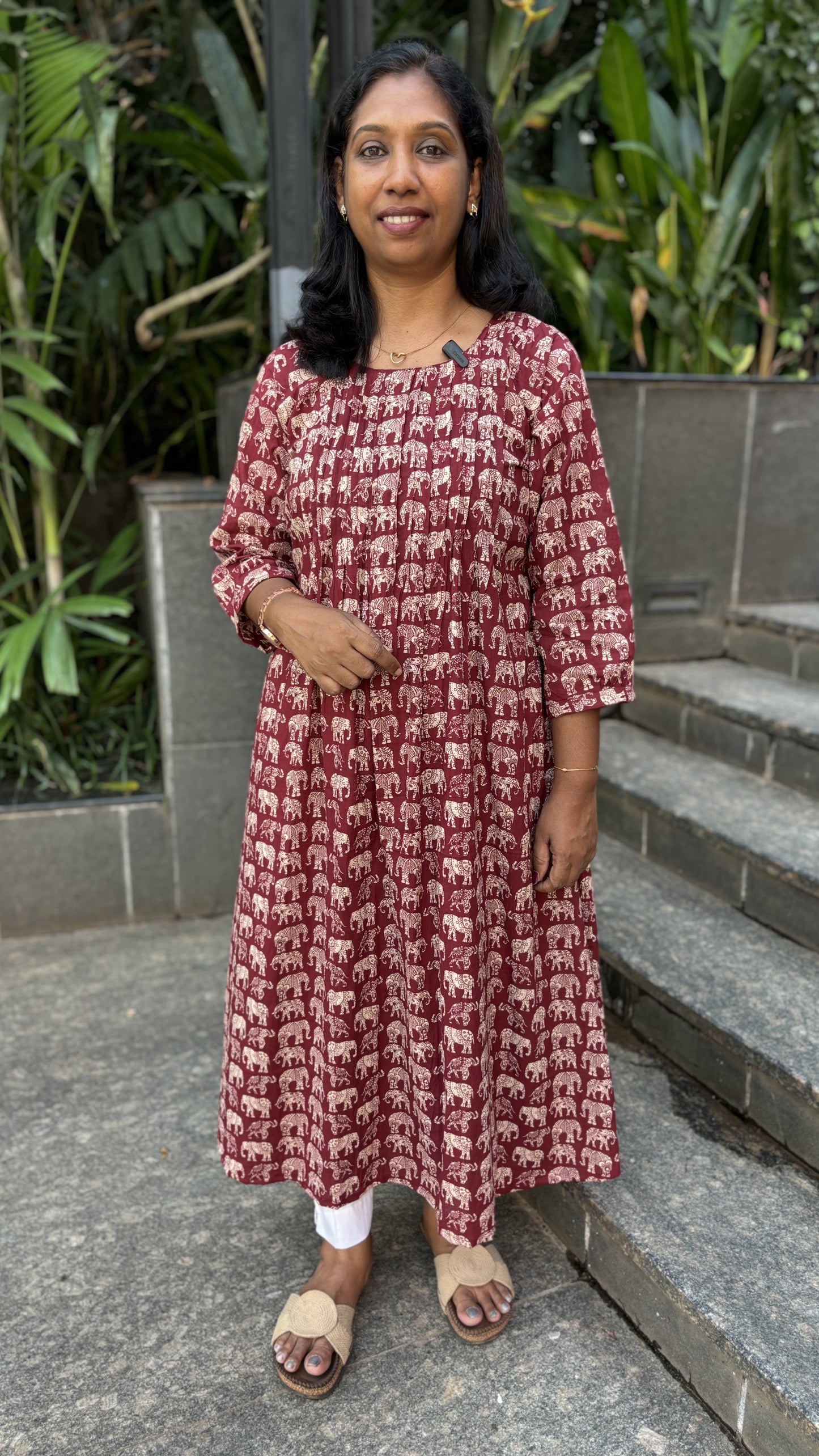 Maanvi Cotton Anarkali Kurti with Pintuck Detail & Boat Neck | Maroon Animal Print Ethnic Wear for Women
