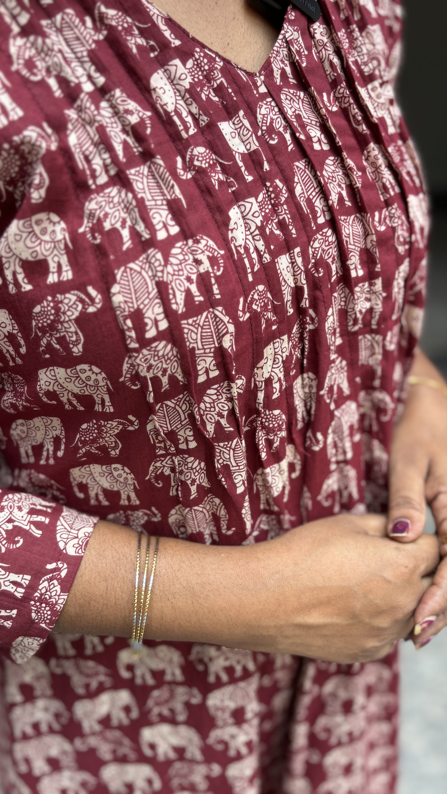 Maanvi Maroon Cotton A-Line Kurti with Pintuck Detail & V-Neck | Animal Print Ethnic Wear for Women