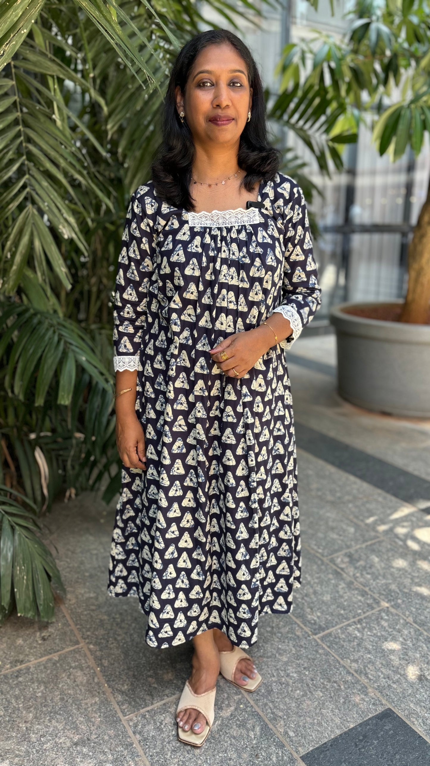 Maanvi Cotton Kurti with Lace Detail & Gathered Design | Blue Triangle Printed Ethnic Wear for Women