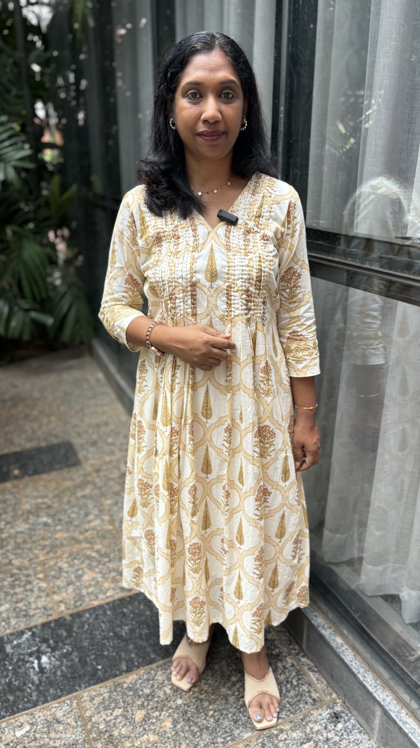 Maanvi Ivory Cotton Pintuck Kurti with Kantha & Lace Detail | Yellow Printed Ethnic Wear for Women