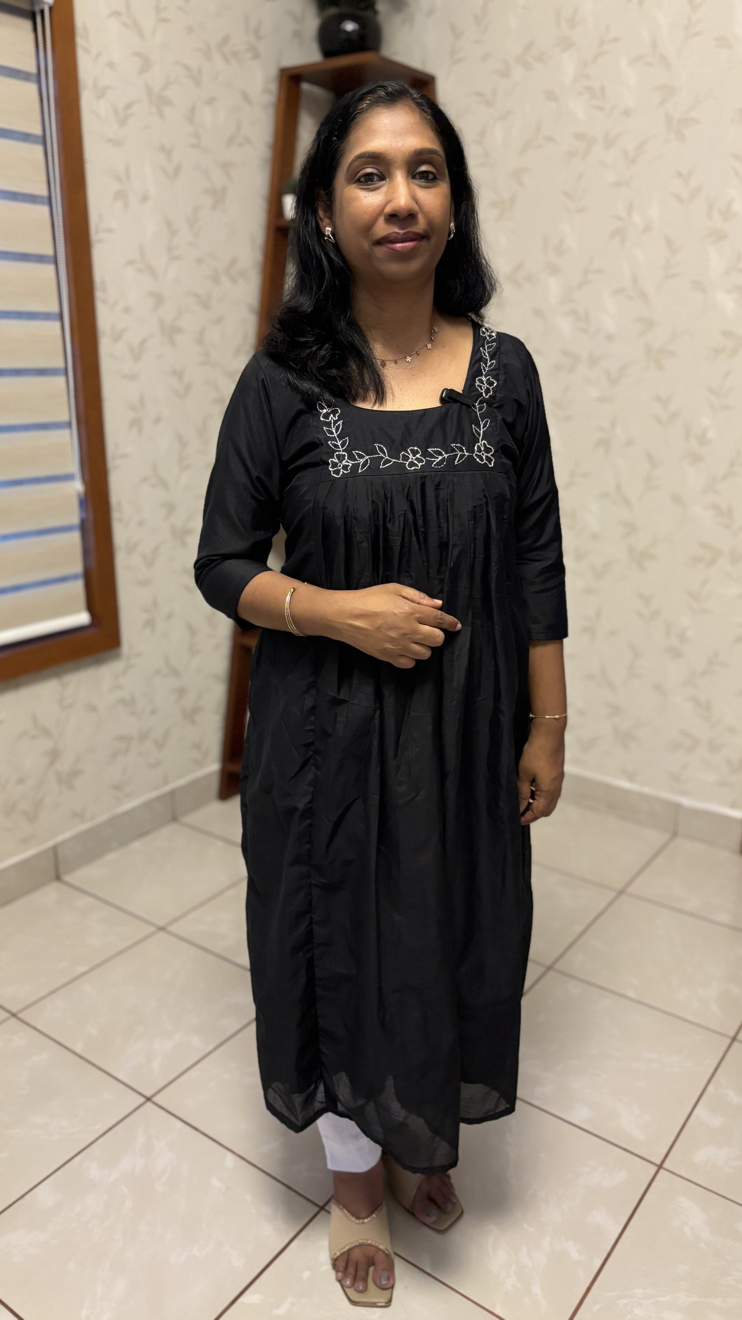 Maanvi Black Chanderi A-Line Kurti with Square Neck & Ari Work | MA-2001