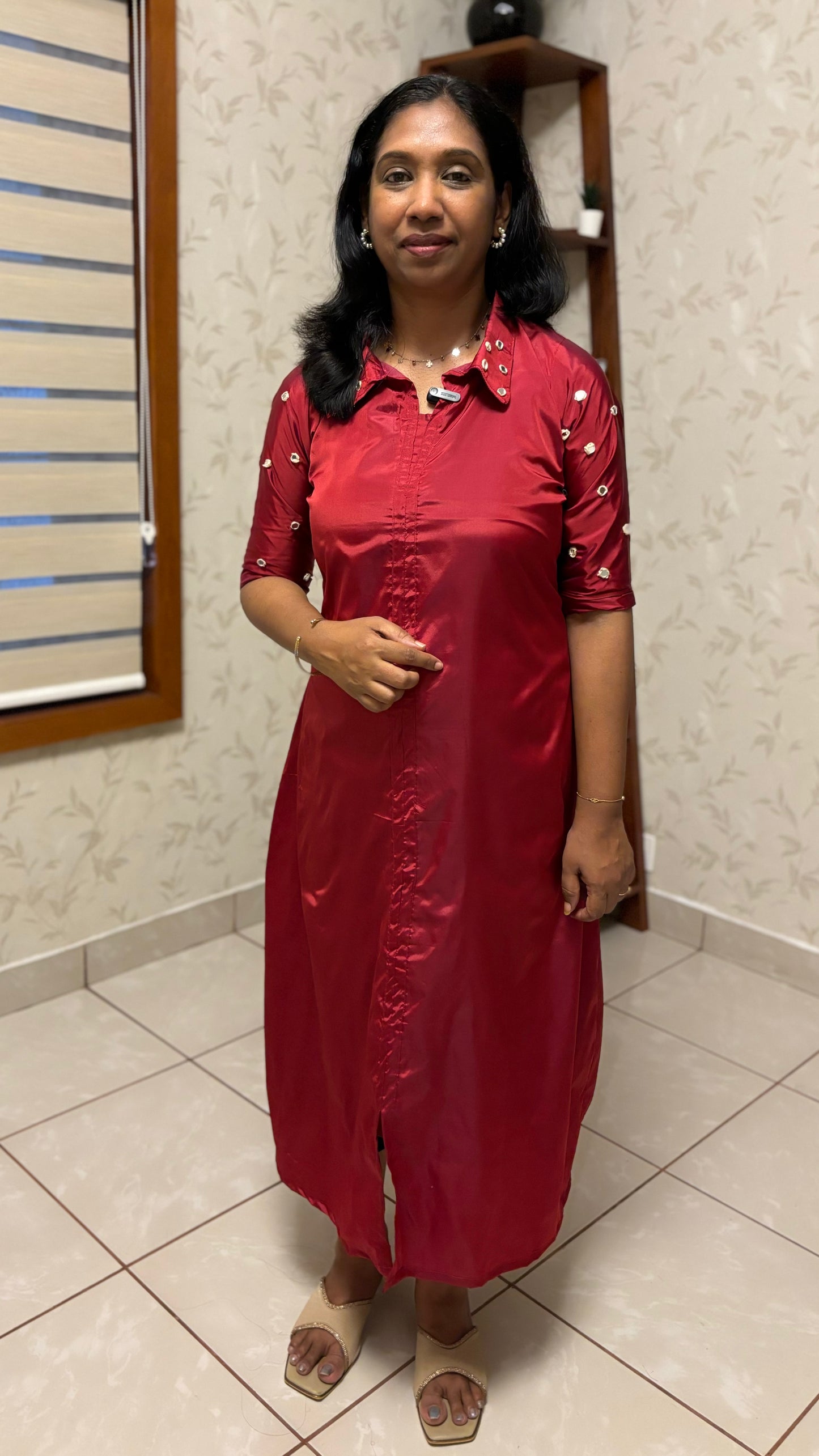 Maanvi Maroon Silk Cotton A-Line Kurti with Shirt Collar & Mirror Work Detail | MA-2005