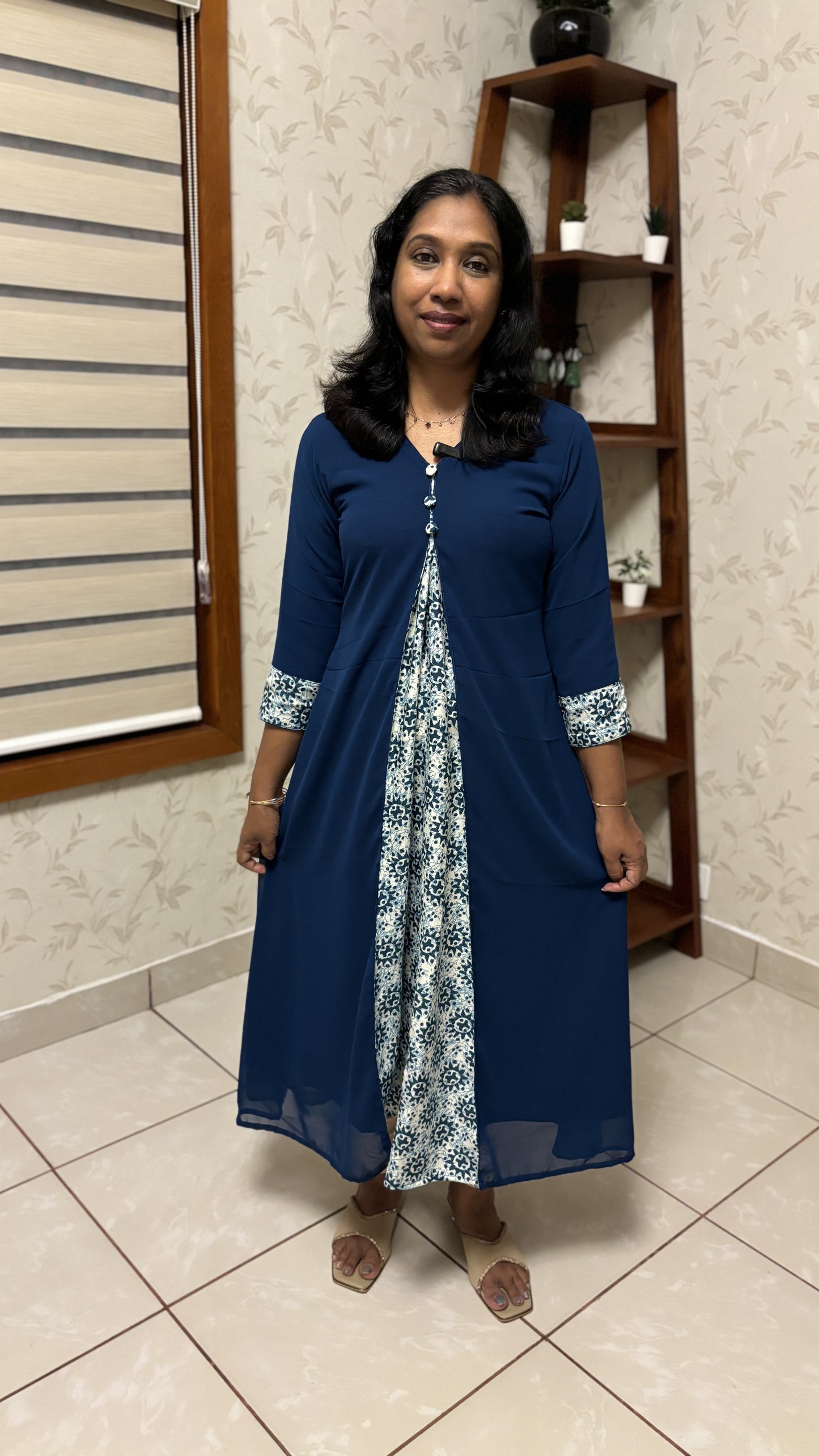 Maanvi Teal Blue Georgette Kurti with Pleated Patch Work & V-Neck Button Detail | MA-2012
