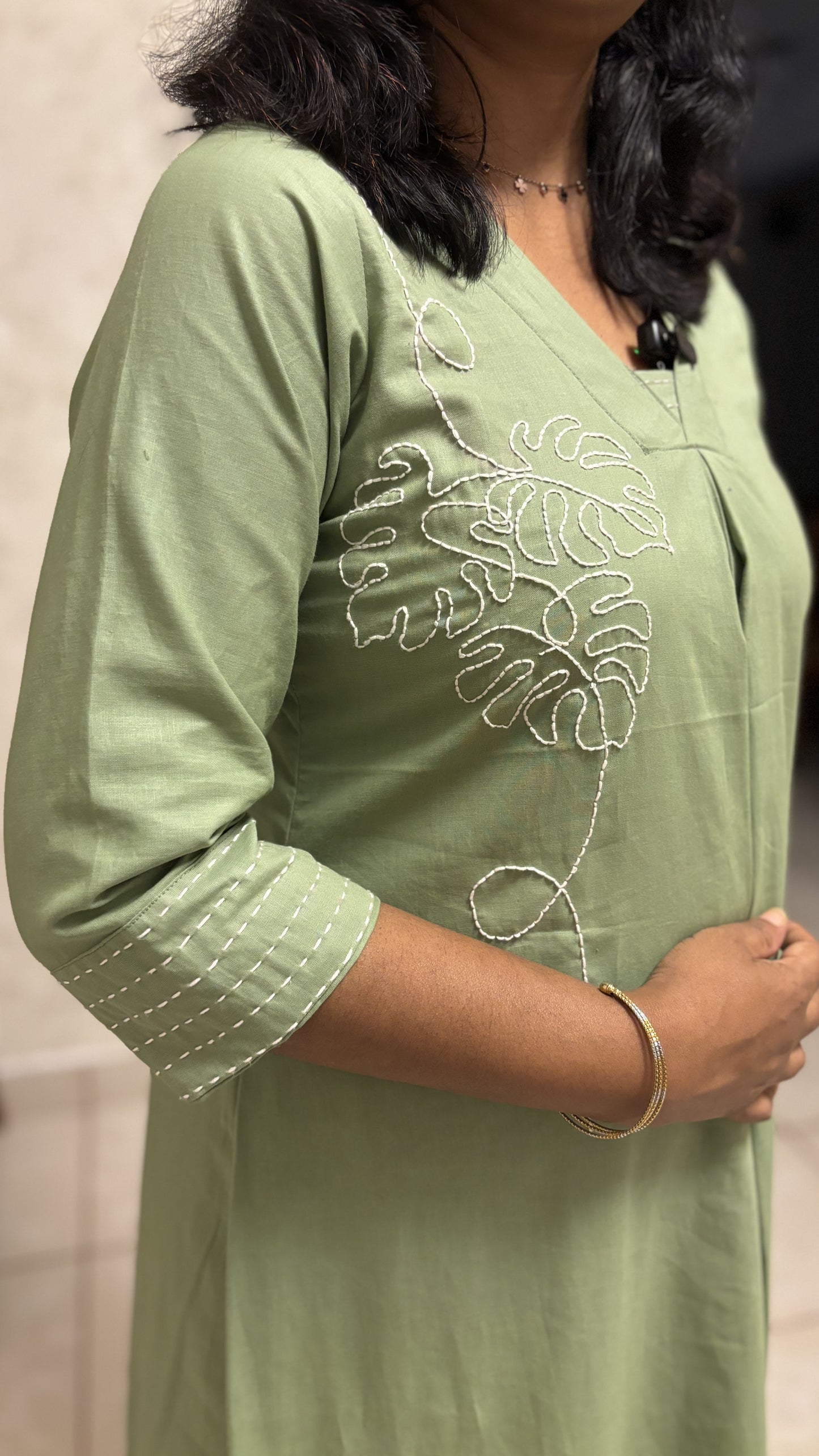 Maanvi Olive Green Pure Cotton A-Line Co-ord Set with Hand Embroidery & Kantha Work Detail | Semi Palazzo Set | MA-2027