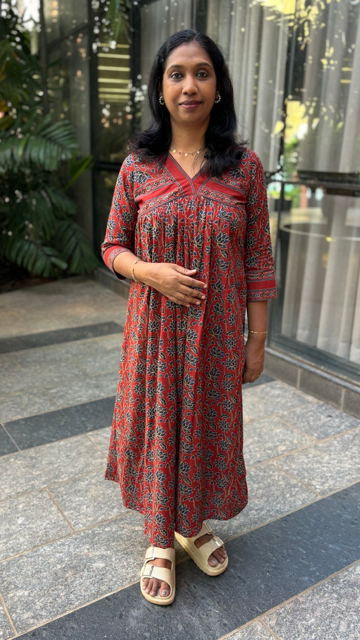 Maanvi Brown Soft Pure Cotton Alia Cut Kurti with Patch Work Detail | Indigo Blue Print | MA-2037