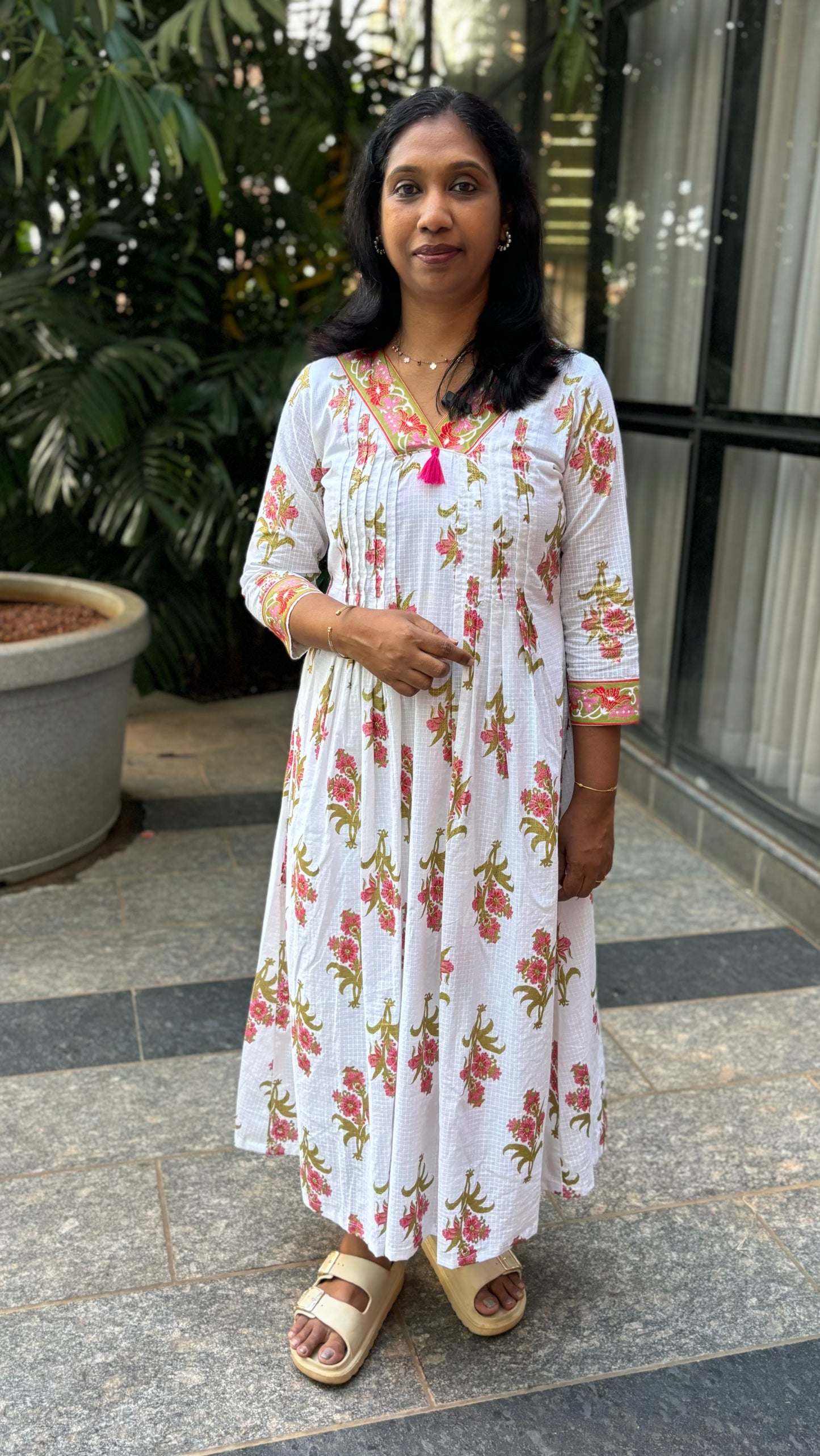 Maanvi White Pure Cotton A-Line Kurti with Pintuck & Border Detail | Pink Printed Ethnic Wear | MA-2036