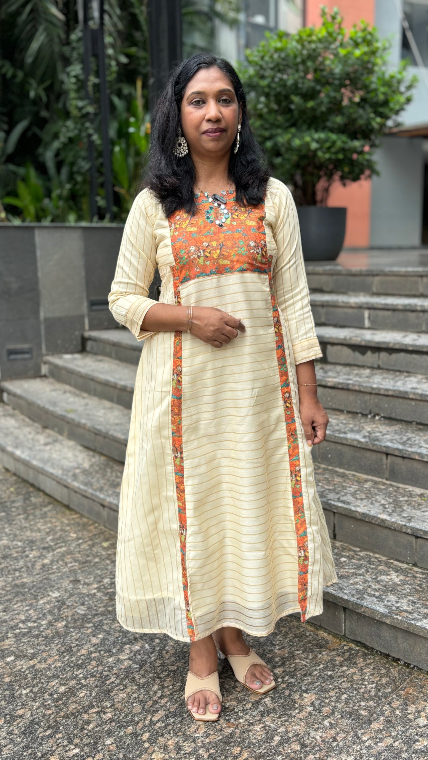 Maanvi Ivory Soft Tissue A-Line Kurti with Patch Work & Mirror Detail | Onam Collection | MA-2040