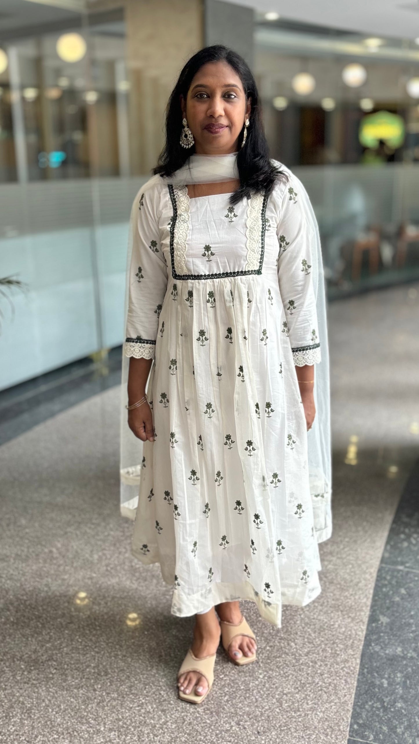 Maanvi Off White Chanderi A-Line Kurti Set with Green Embroidery & Lace Detail | Semi Palazzo Set | MA-2039