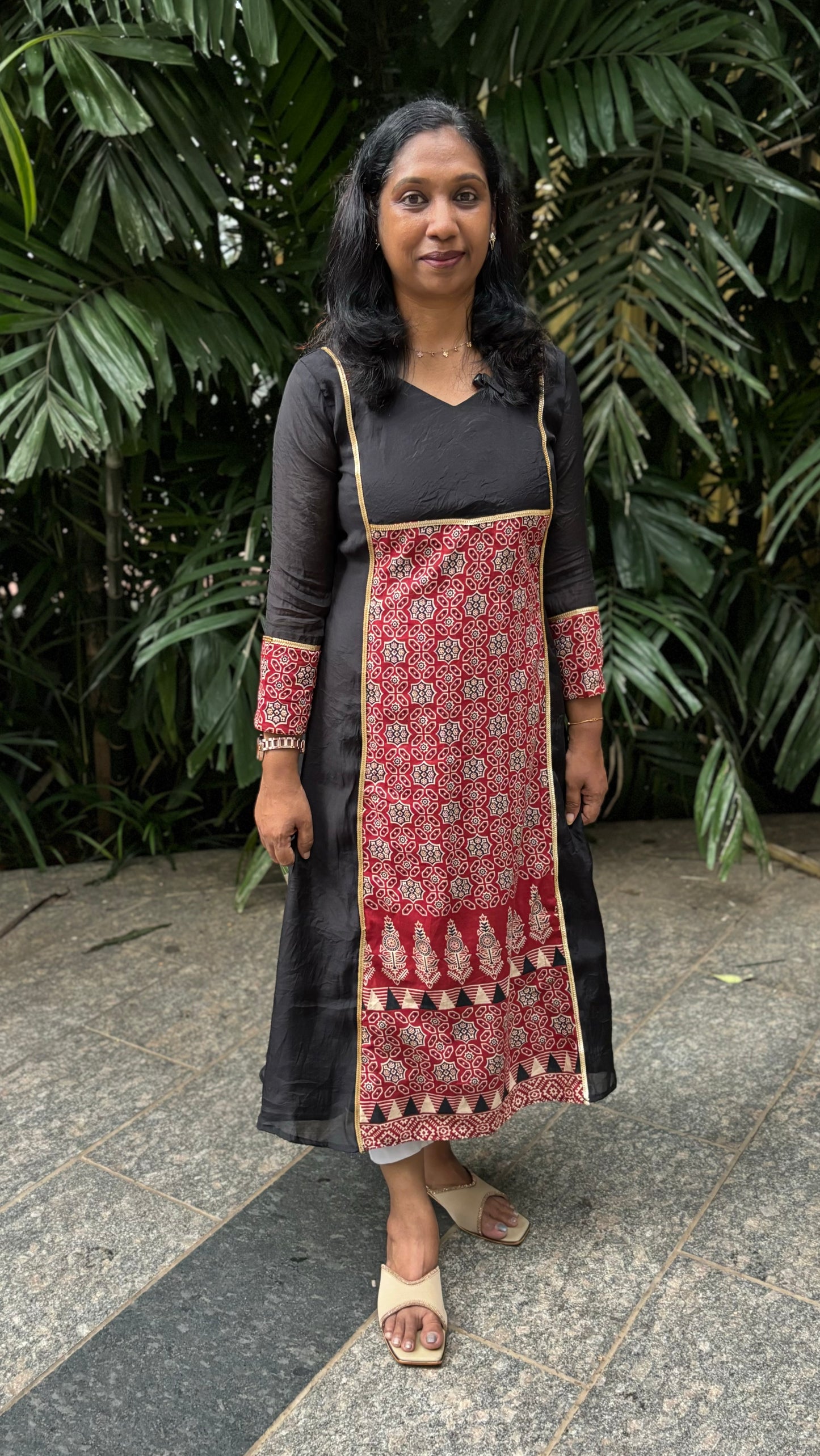 Maanvi Black Chanderi A-Line Kurti with Ajrakh Patch Work & Lace Detail | MA-2043