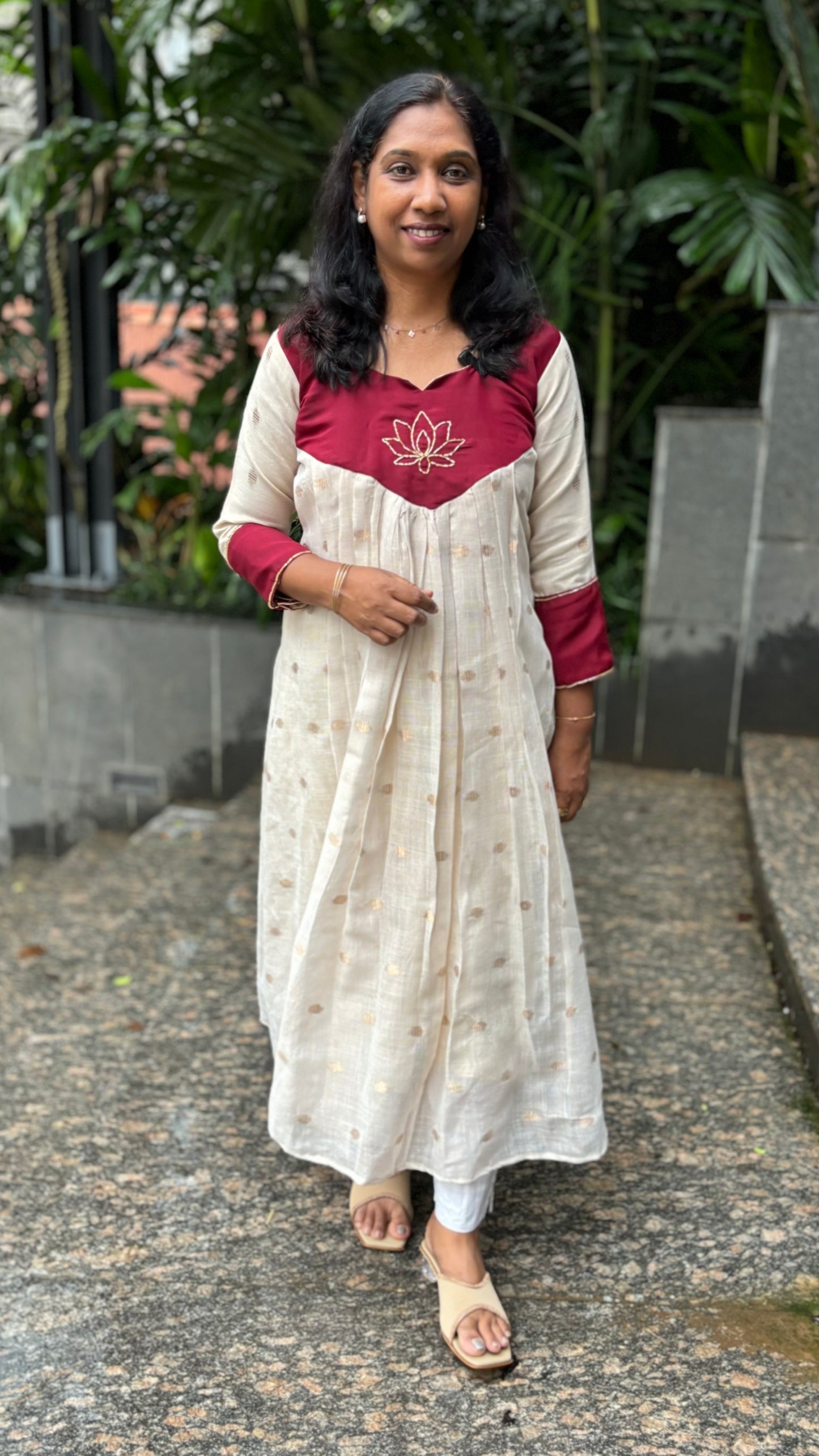 Maanvi Ivory Cotton A-Line Kurti with Chanderi Lotus Patch Work & Cut Bead Detail | Onam Collection | MA-2048