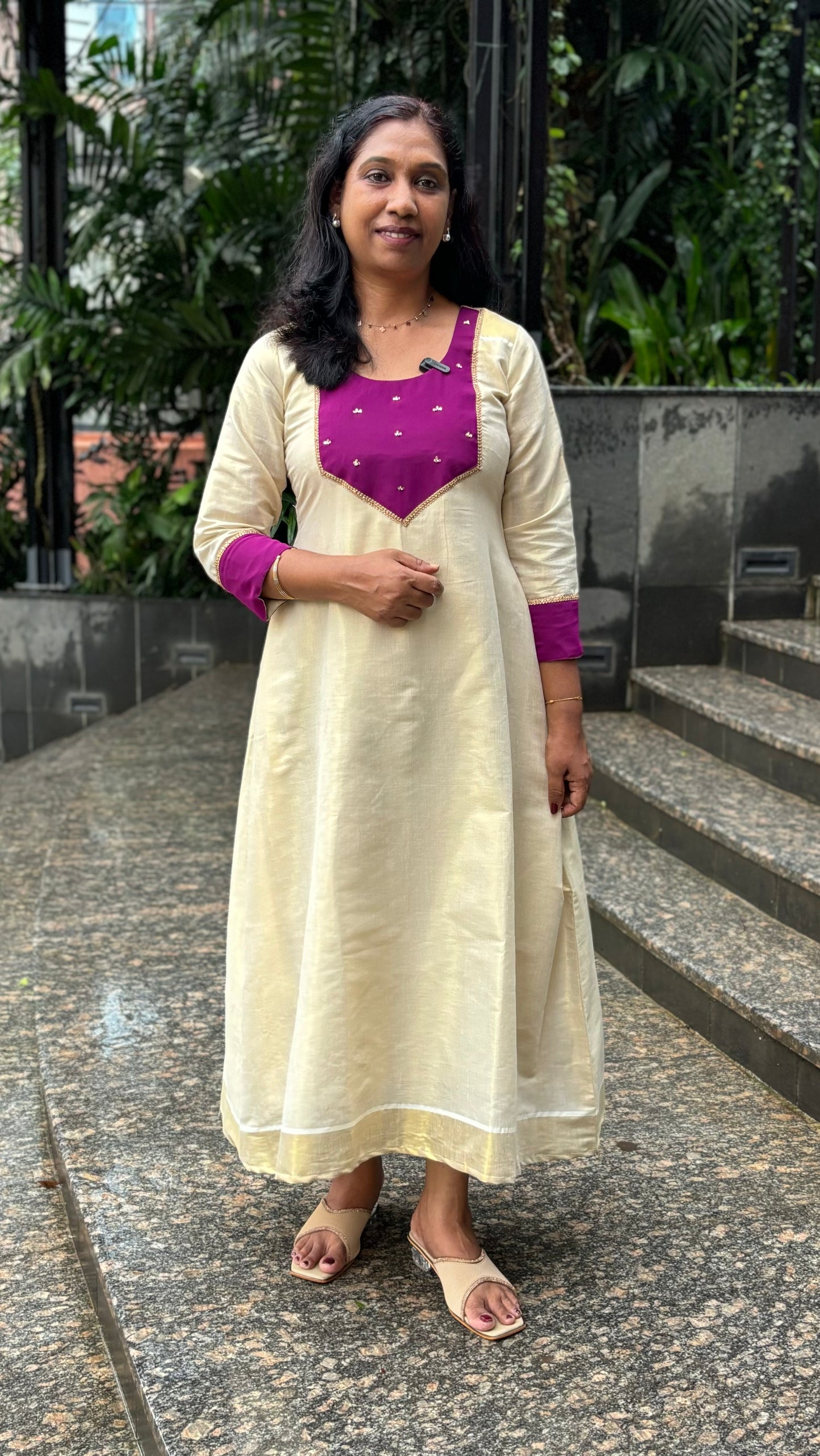 Maanvi Onam Collection Tissue A-Line Kurti with Violet Patch Work, Bhutta Work & Zari Detail | MA-2056