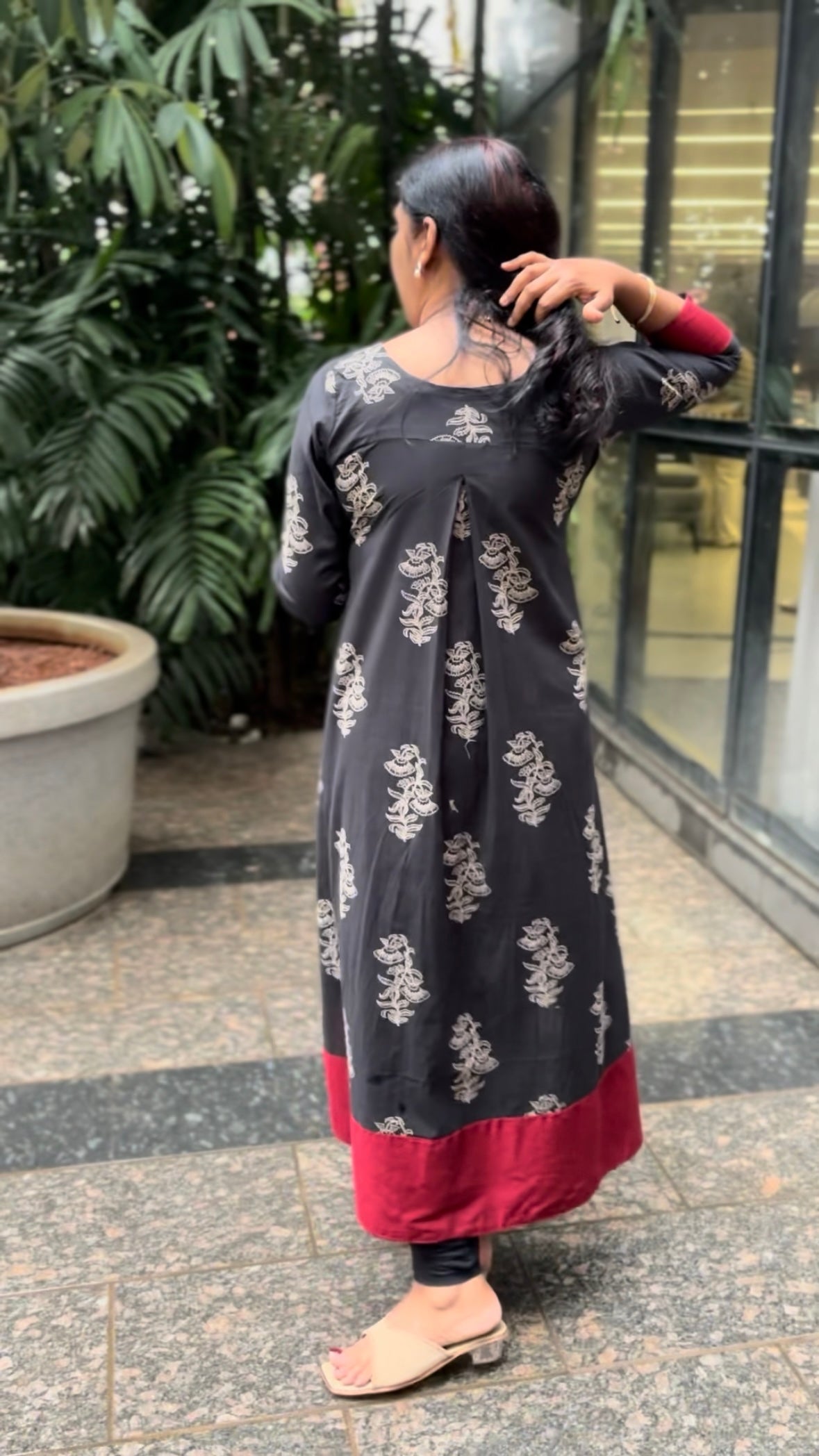 Maanvi Black Pure Cotton A-Line Kurti with Scallop Neck & Patch Work Detail | MA-2058