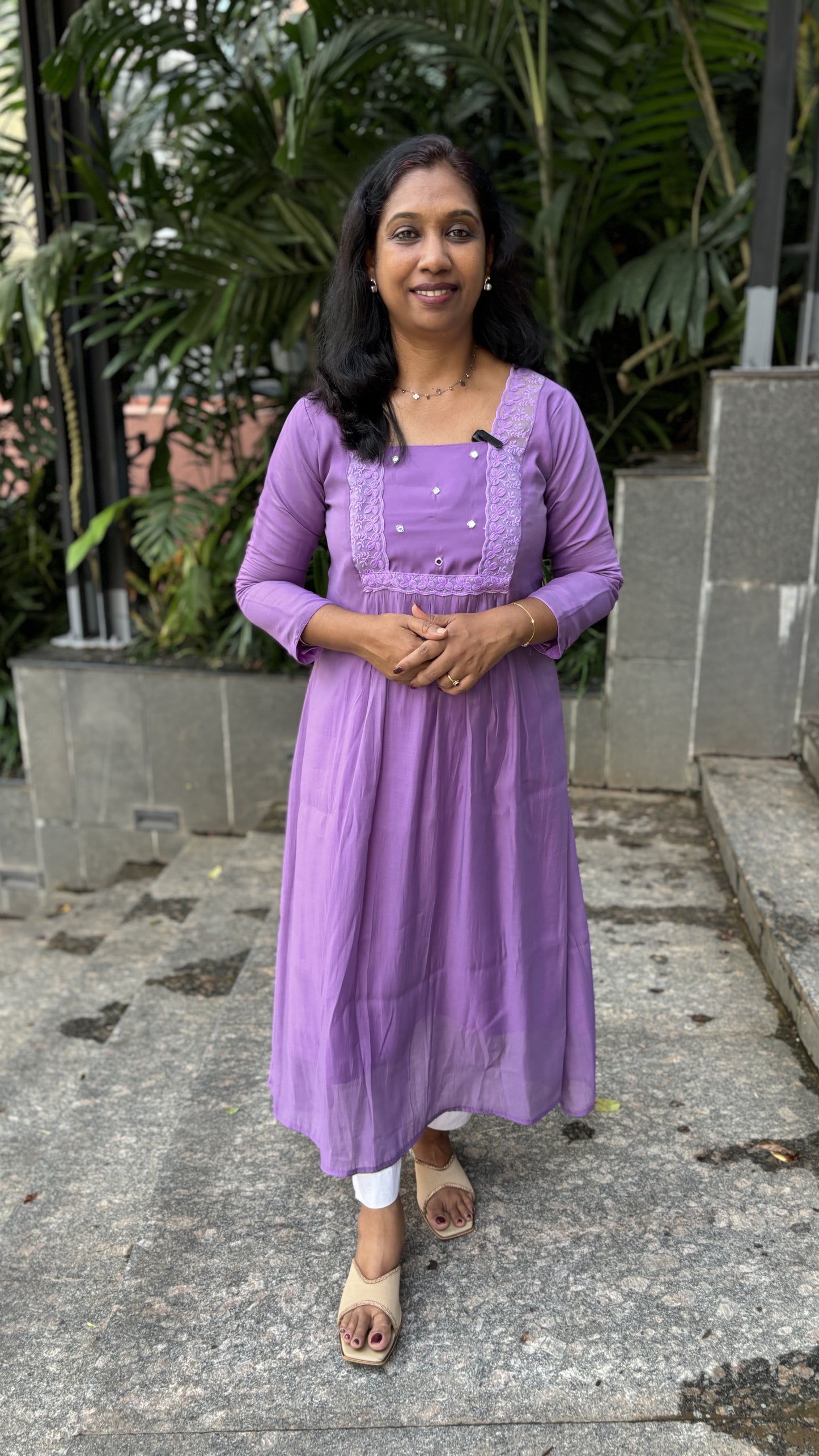 Maanvi Lilac Chanderi A-Line Kurti with Mirror Work & Lace Detail | MA-2059