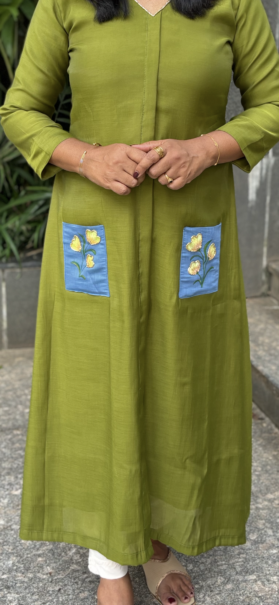 Maanvi Chanderi A-Line Kurti with Hand-Painted Patch Pocket & Cut Bead Detail | MA-2065