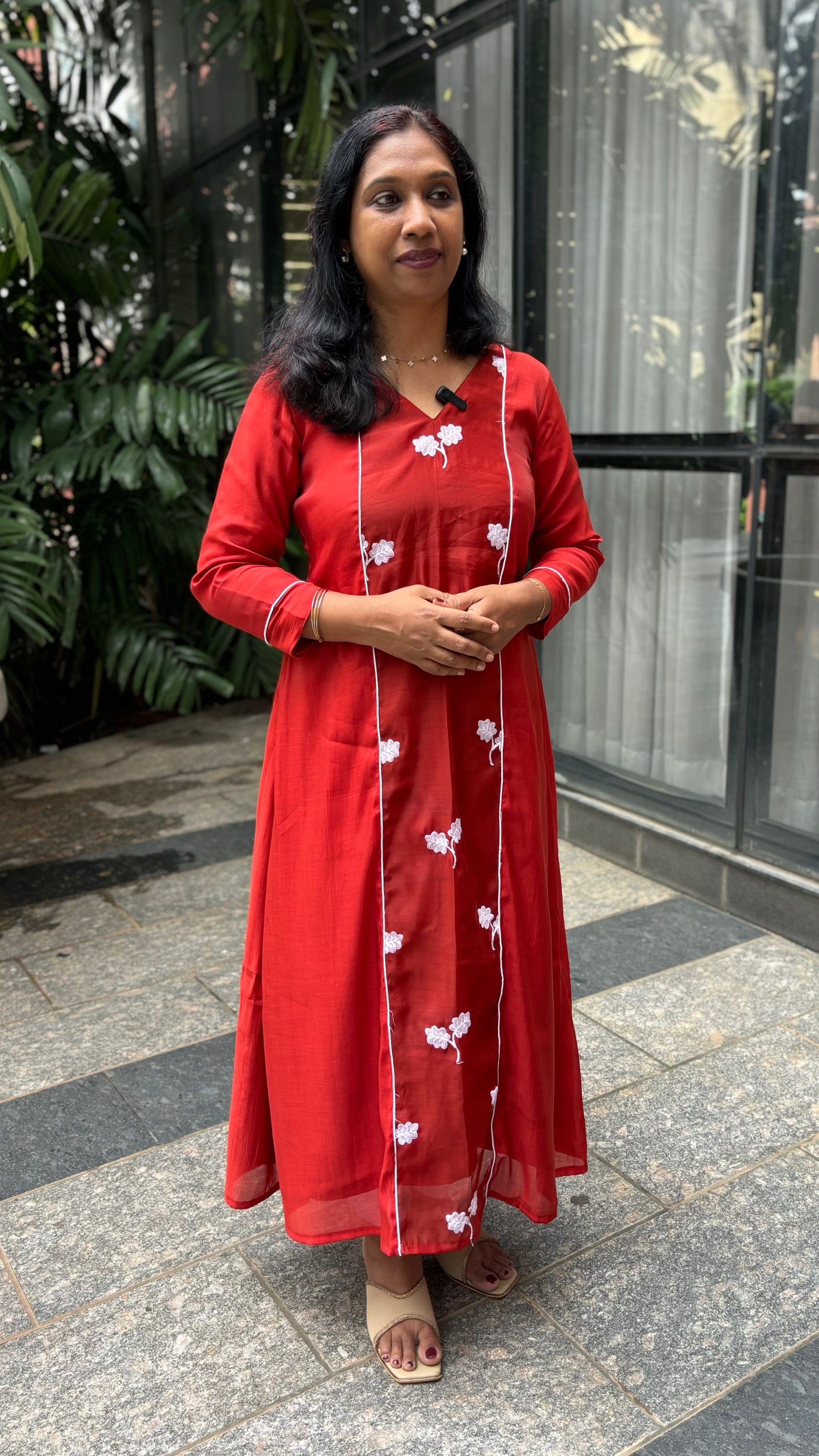 Maanvi Brick Shade Chanderi A-Line Kurti with Embroidery Patch & Piping Detail | V-Neck | MA-2065