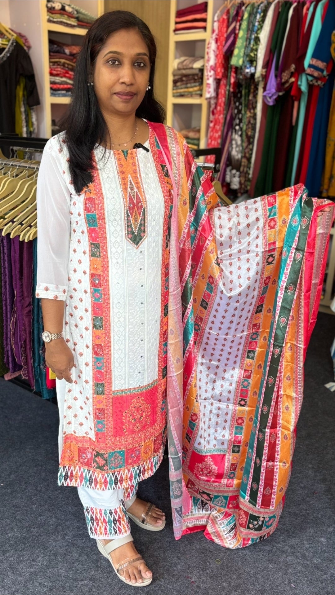 Georgette Pakistani Kurti Set with Chikankari Front & Sequin Work | Semi Palazzo Pant with Flowy Dupatta