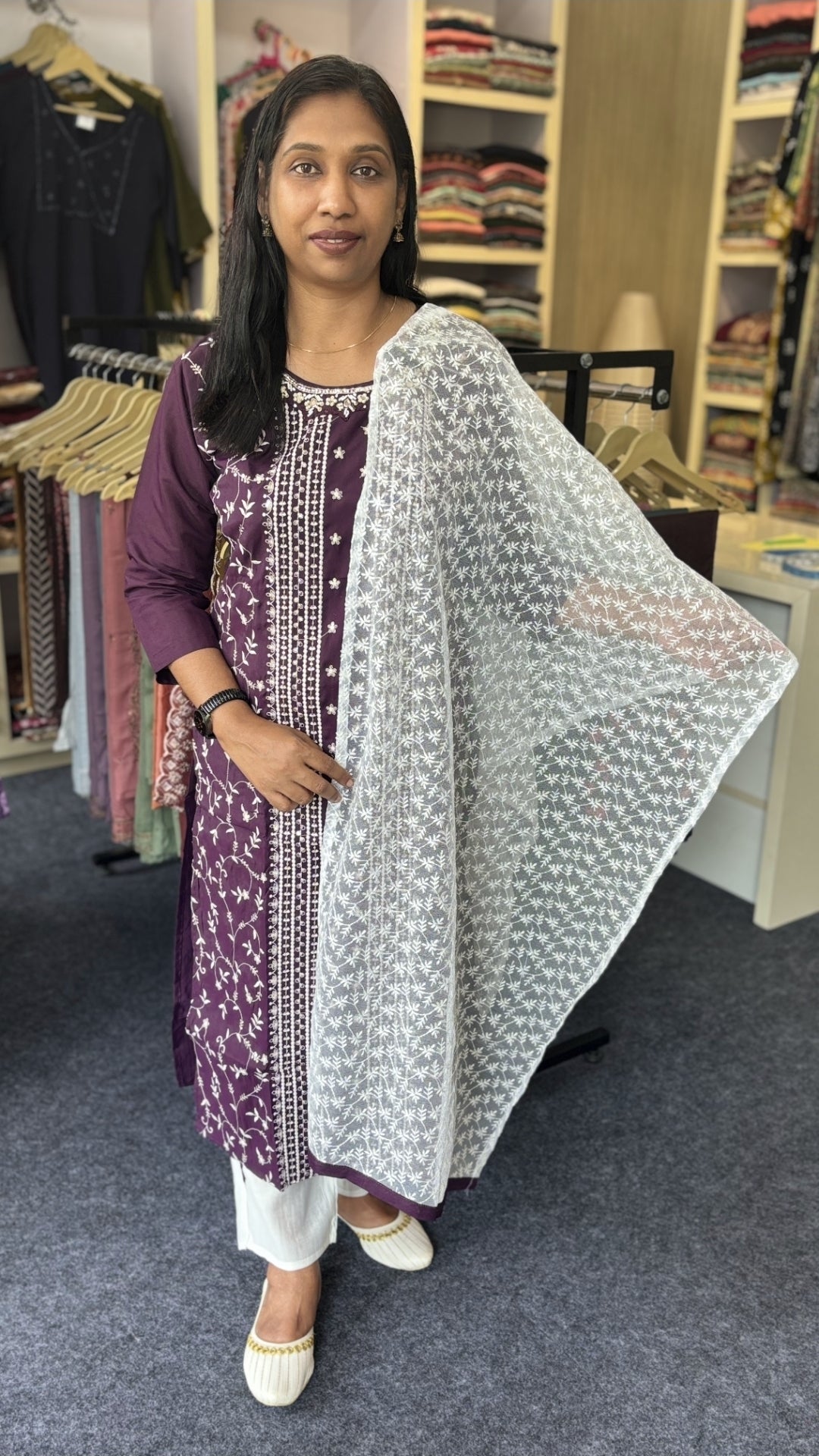 Plum Purple Churidhar Set with White Embroidery & Sheer Dupatta