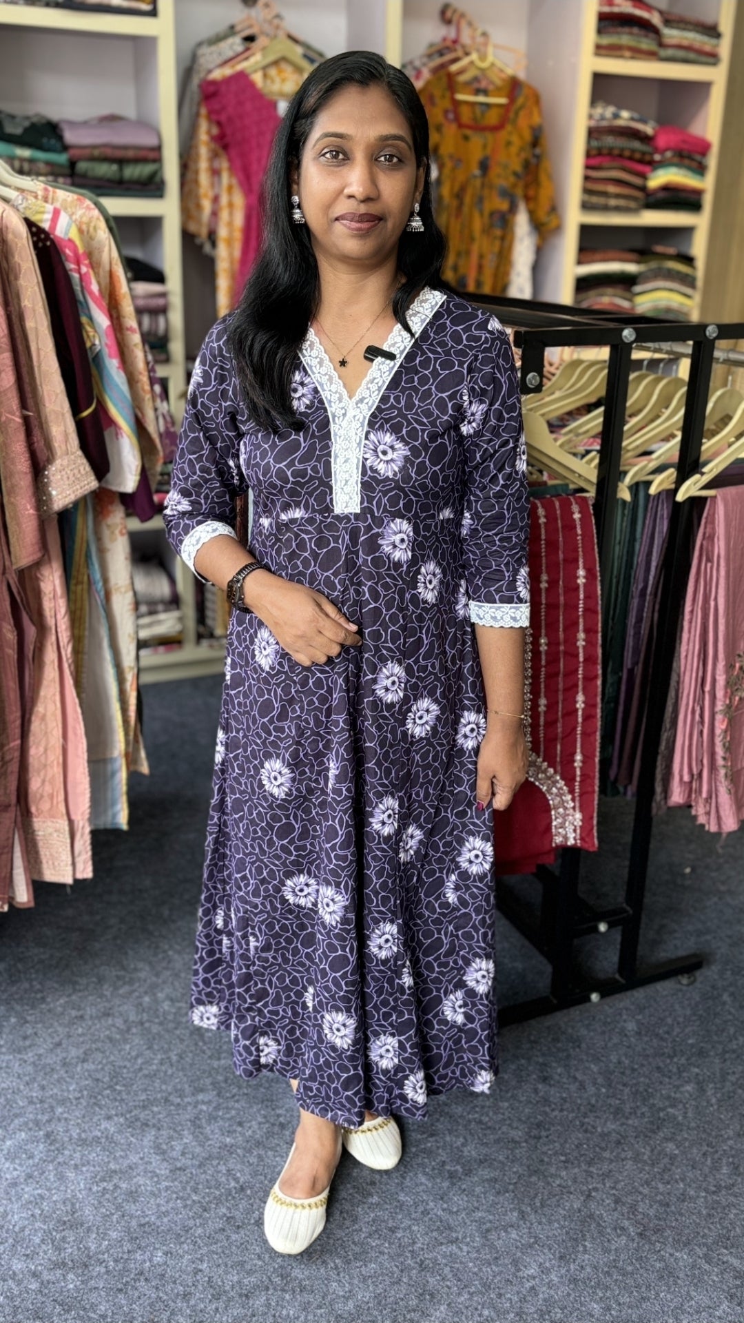 Elegant Dark Violet Cotton Anarkali Kurti with Lace V-Neck & Panel Cut | Maanvi In-House
