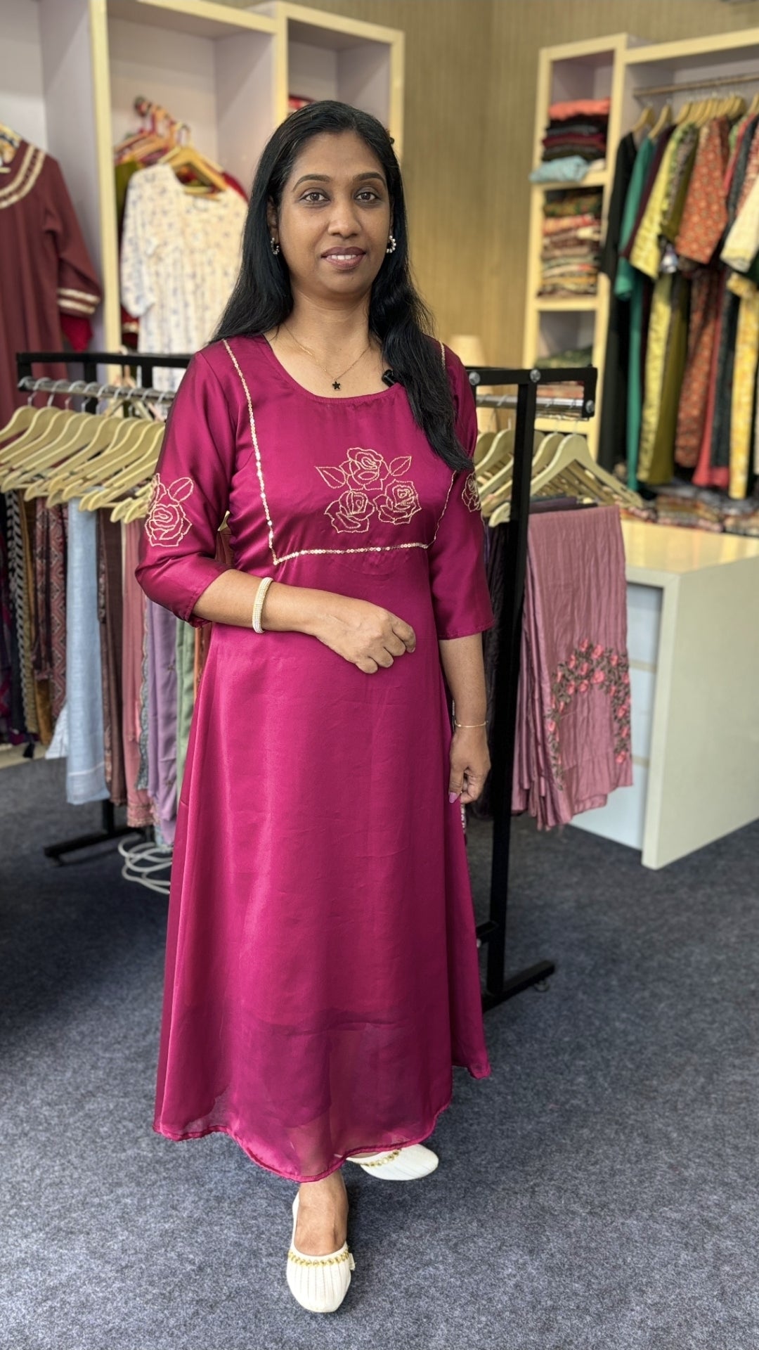 Grape-Wine A-Line Kurti with Ari Floral Work & Sequined Border | Elegant Women’s Ethnic Wear
