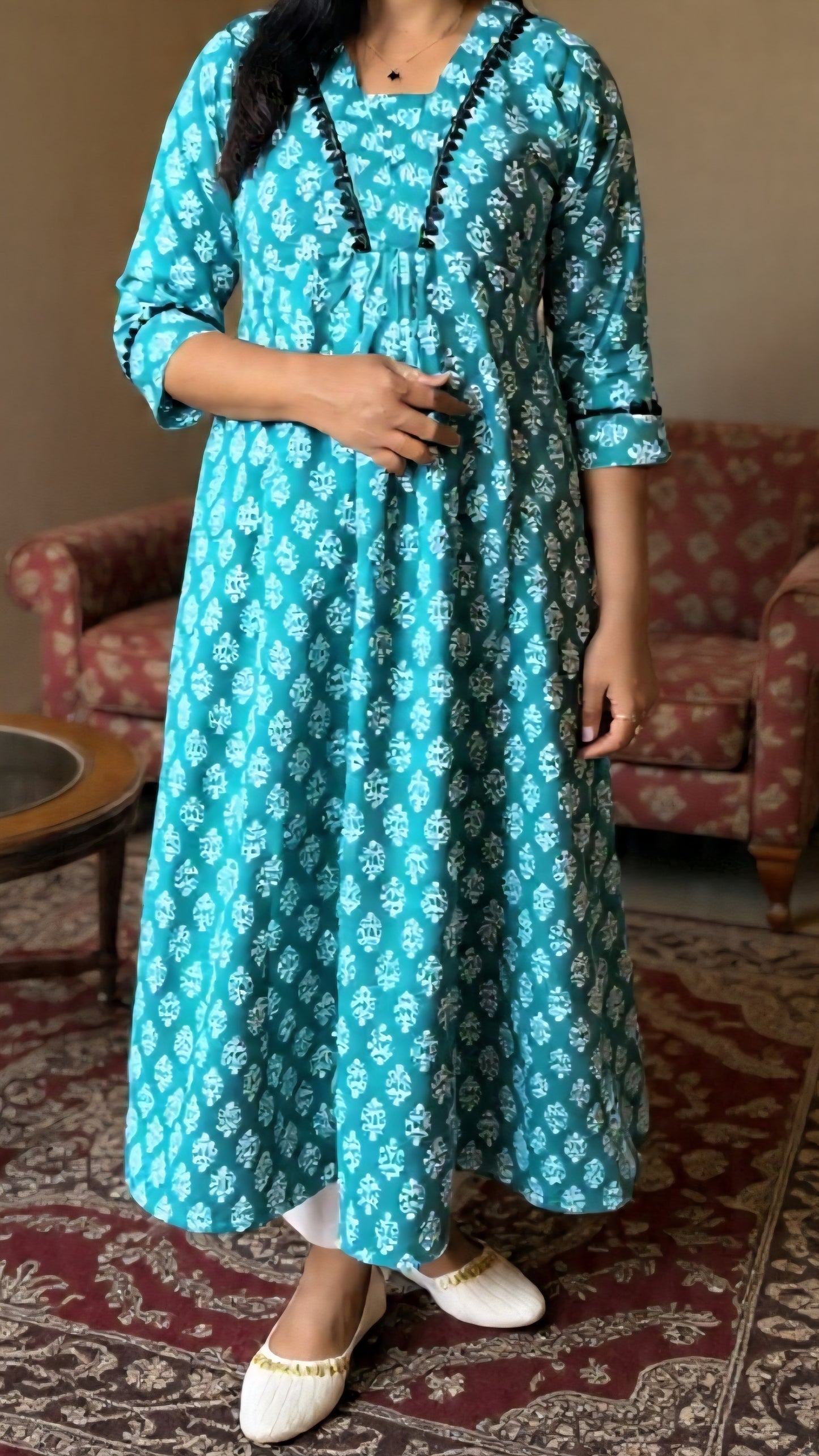 Aqua Blue A-Line Kurti with White Prints & Lace Sleeve Detailing