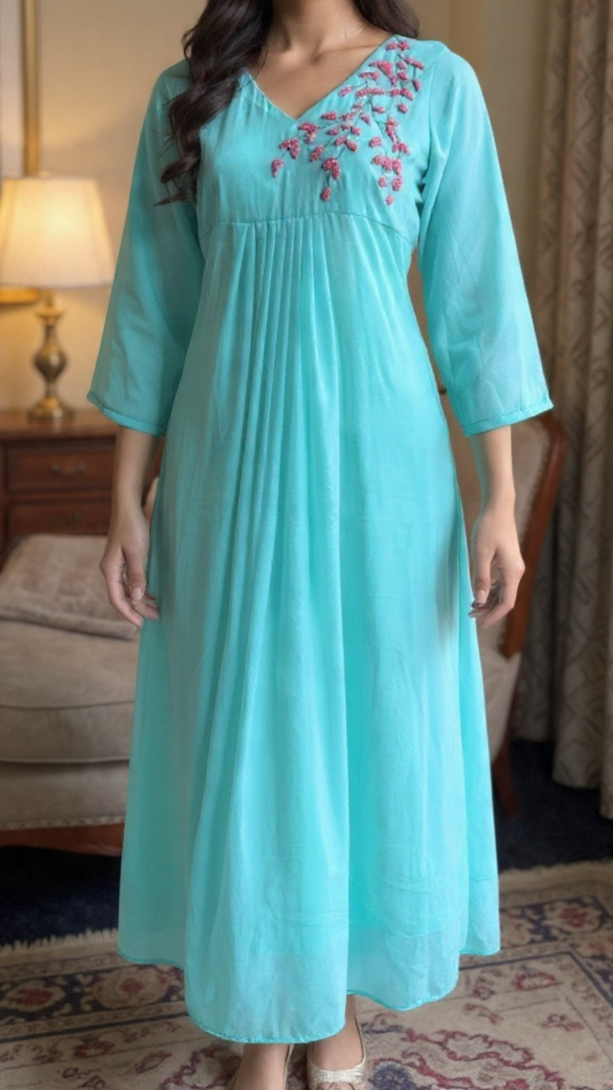 In-House A-Line Georgette Kurti with Heavy Hand-Embroidered Neck Design