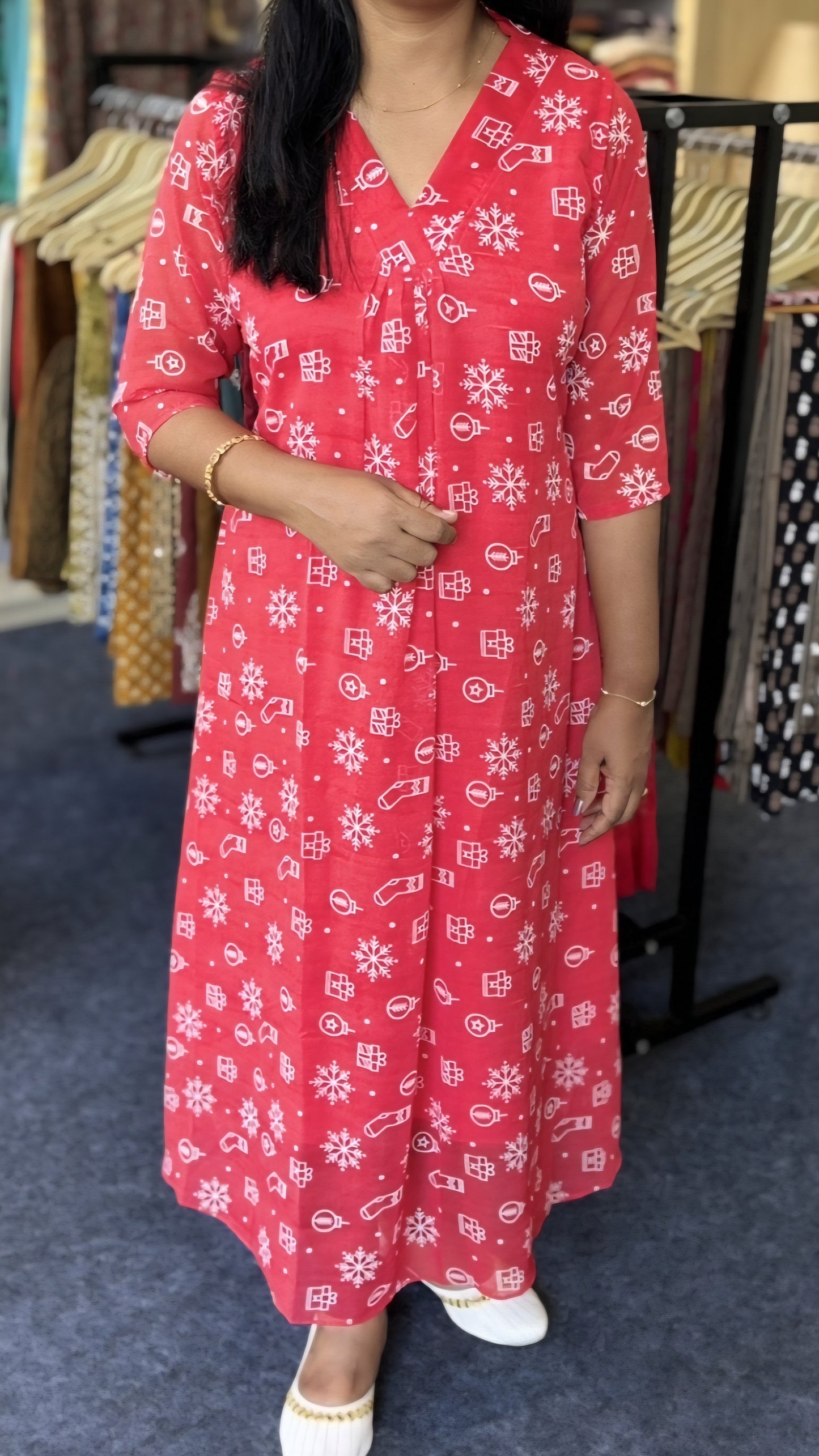 Red A-Line Kurti with White Prints & Collar V-Neck β Georgette | Maanvi In House Christmas Collection