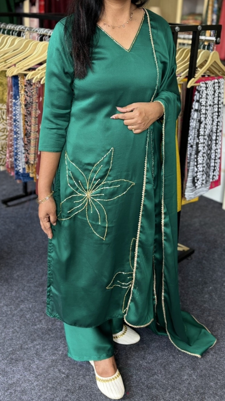 Peacock Green Silk Slitted Kurti Set with Palazzo & Dupatta