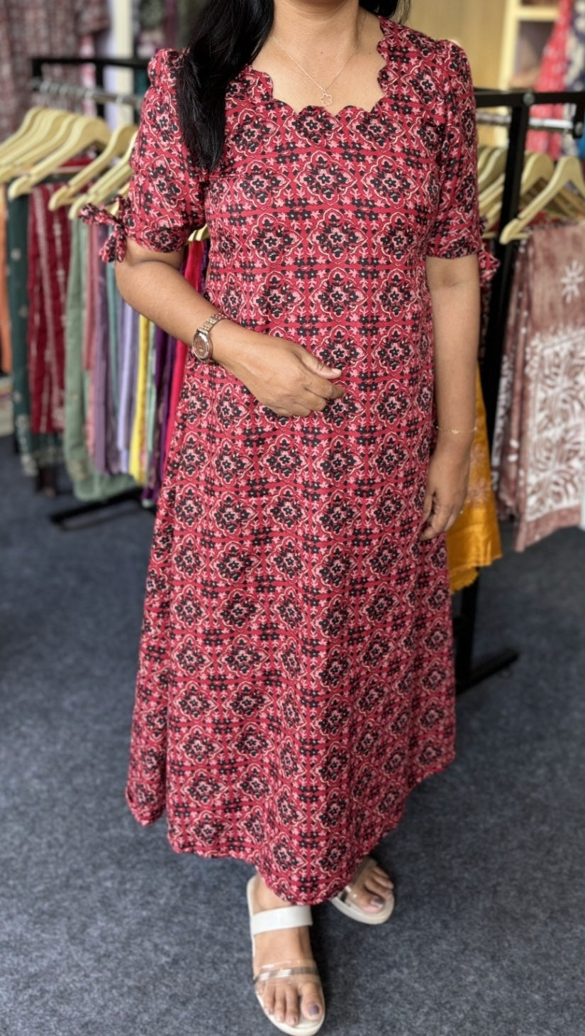 Dark Maroon A-Line Kurti with Scallop Neck Design & Knot Sleeves | Elegant Daily & Occasion Wear
