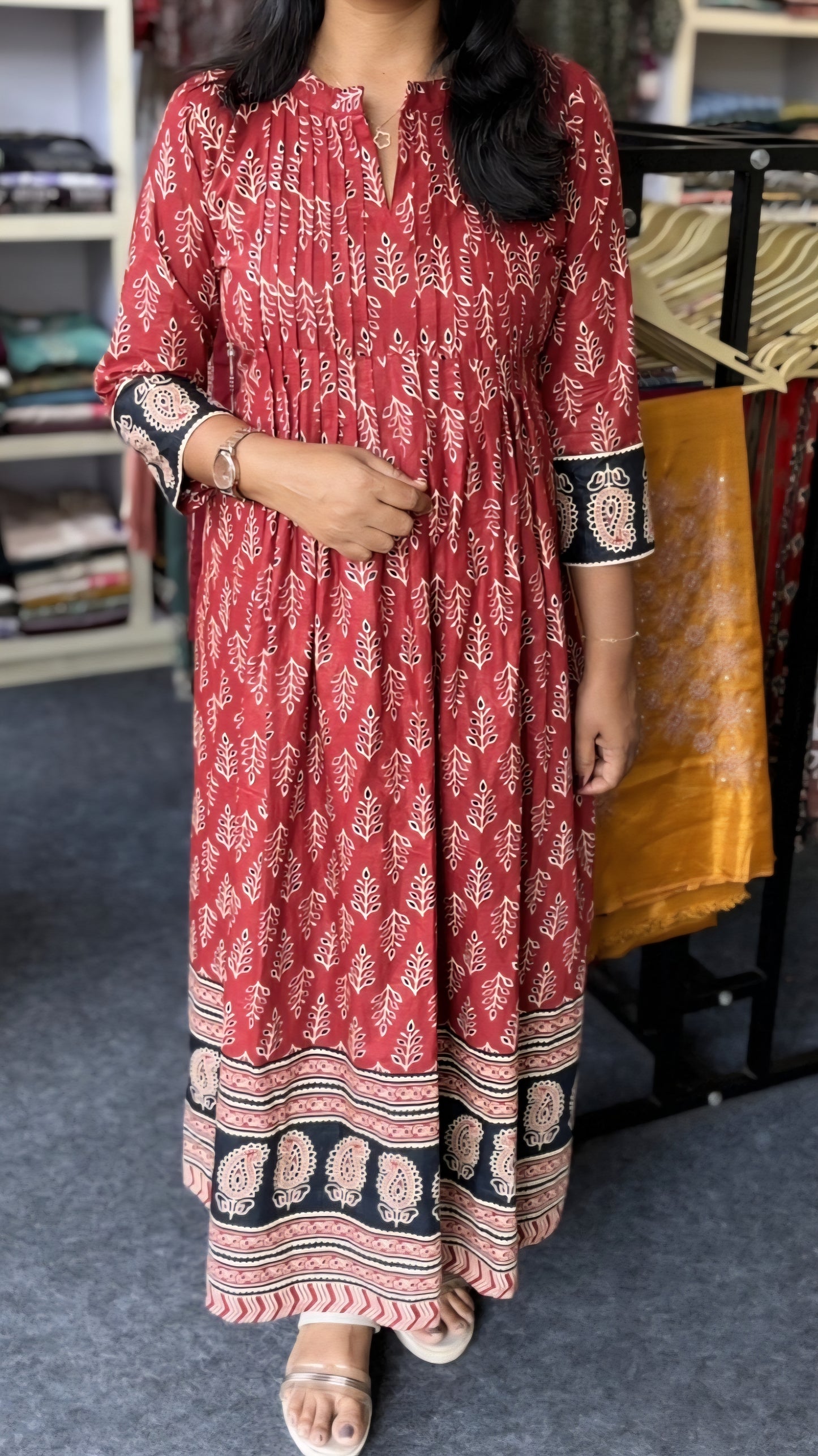 Maanvi In House Exclusive Pure Cotton Anarkali Ajrakh Print Kurti with Pintex & Kantha Work | Elegant Collar Design