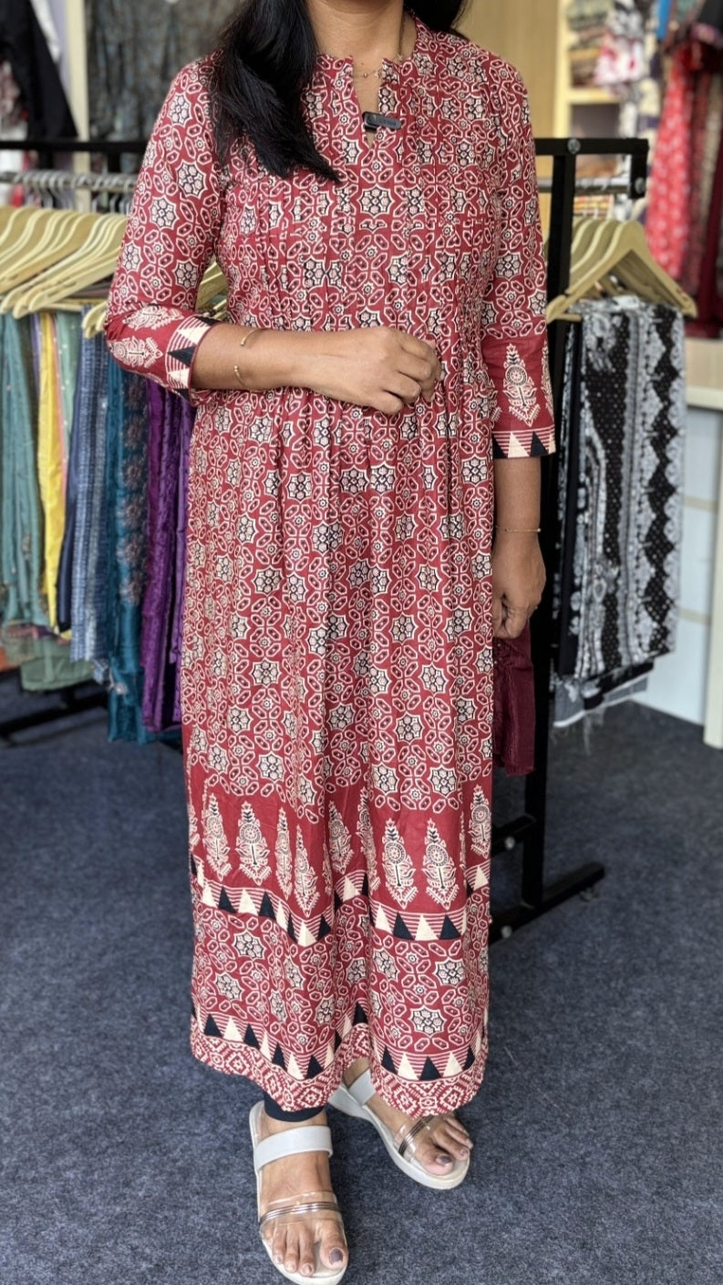 Maanvi In House Pure Cotton Pintex Anarkali Kurti with Elegant Borders & Collar Neck | Flared Ethnic Wear for Women