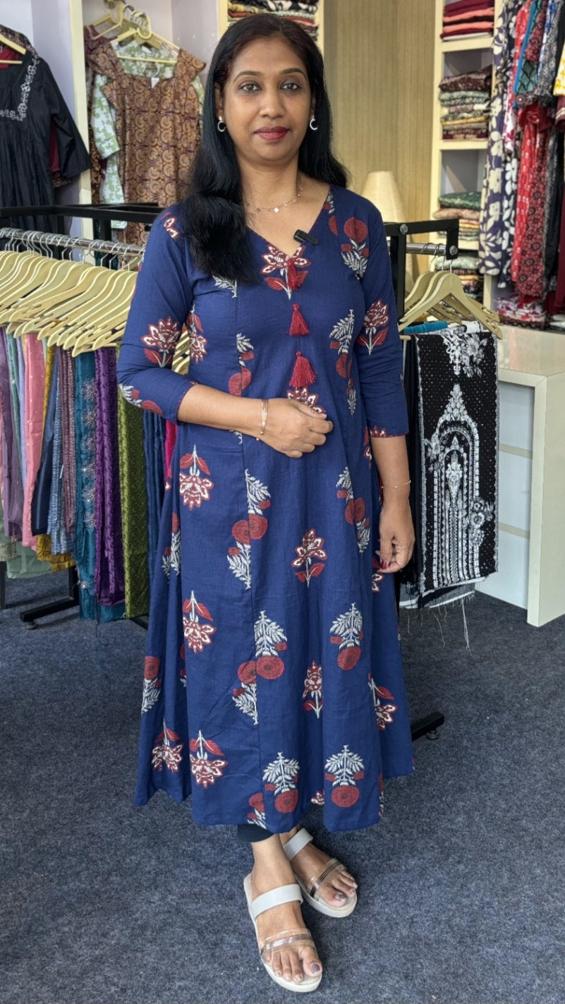 Maanvi Cotton A-Line Panel Cut Kurti with V-Neck, Running Stitch Detail & Tassels | Deep Blue Ethnic Wear for Women