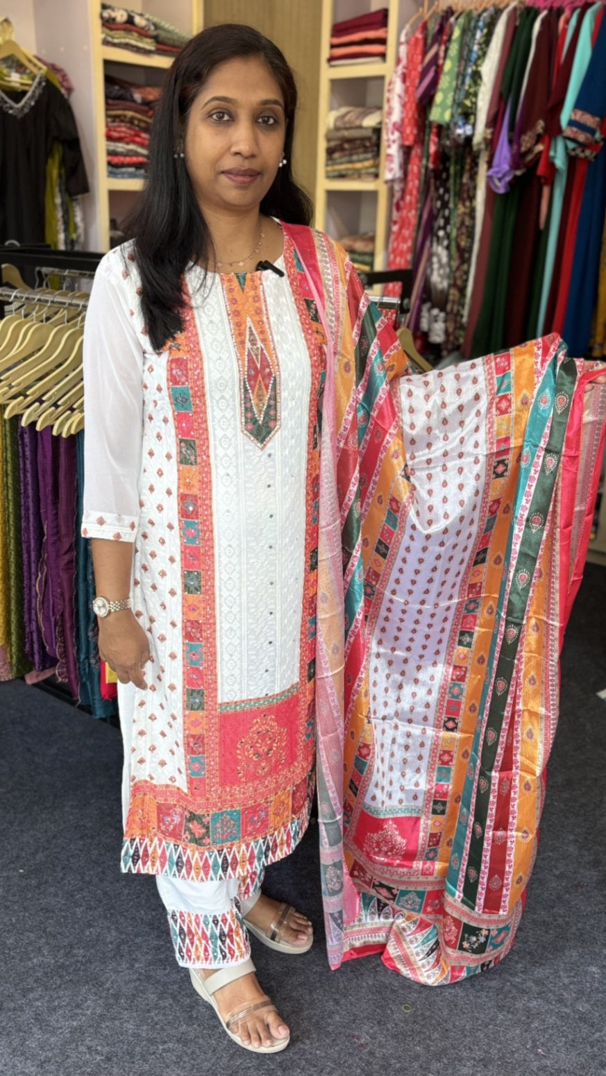 Georgette Pakistani Kurti Set with Chikankari Front & Sequin Work | Semi Palazzo Pant with Flowy Dupatta