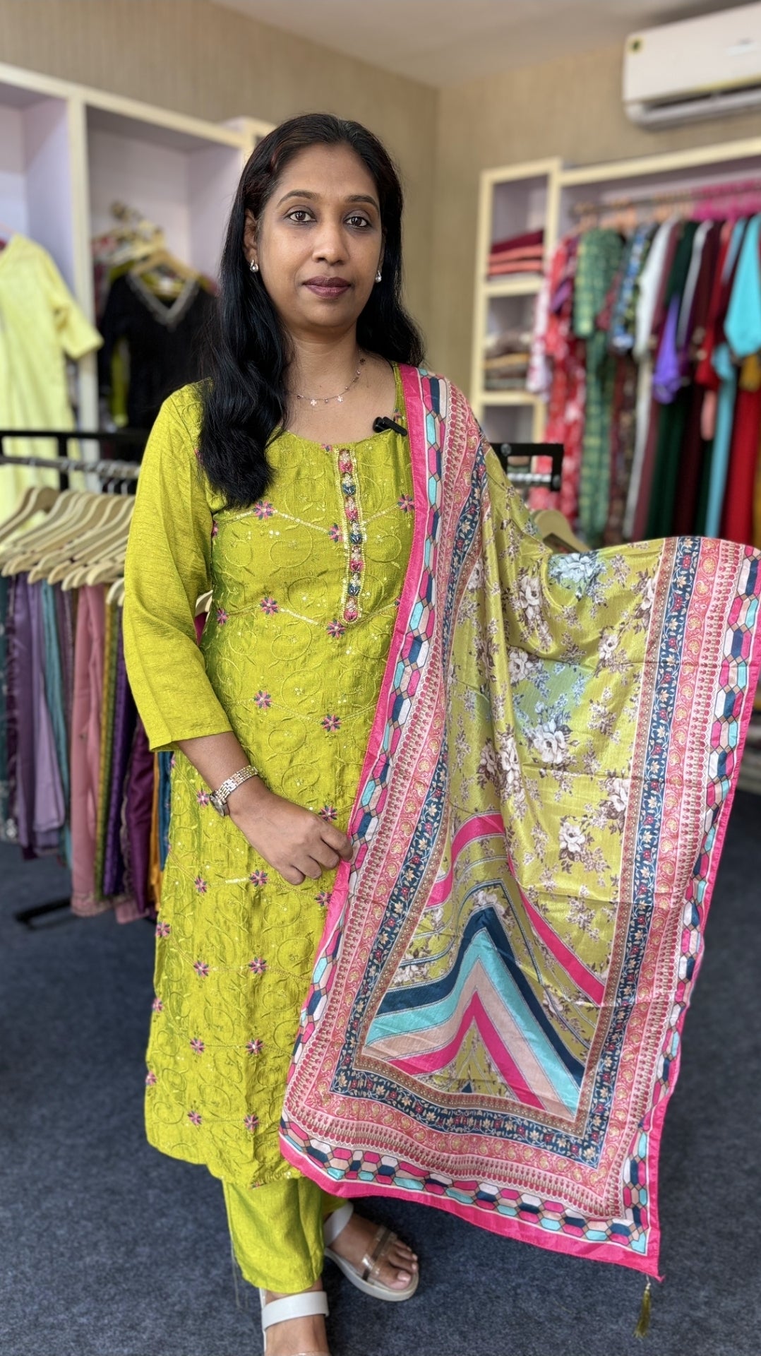 Parrot Green Silk Kurti Set with Heavy Work | Straight Pant & Colourful Dupatta with Tassel Detail