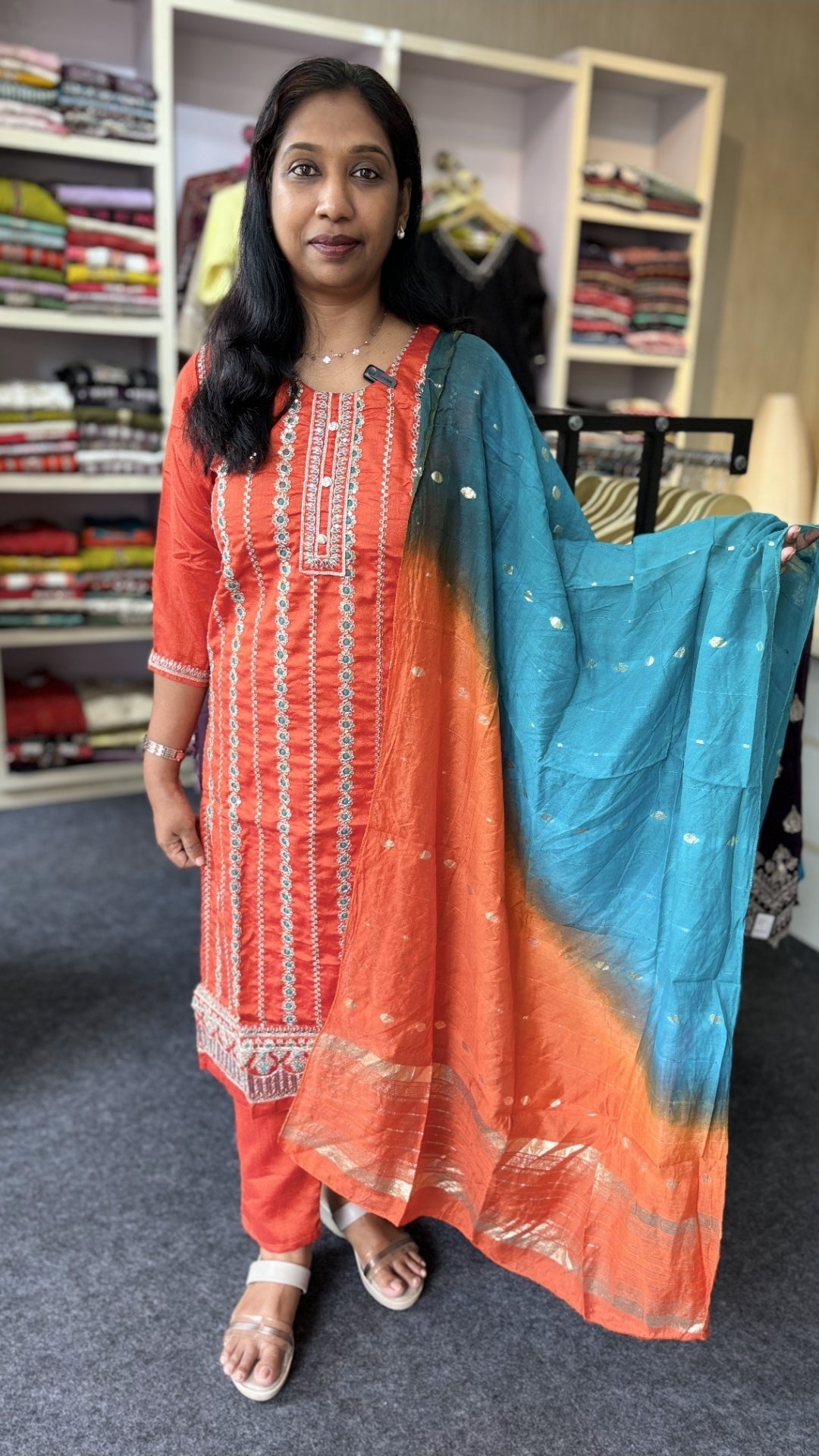 Burnt Orange Kurti Set with All-Over Ari Work & Peacock Blue Contrast | Straight Pant & Bhutta Zari Dupatta