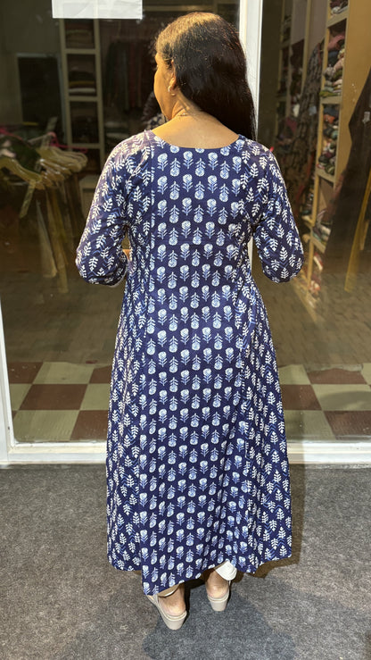 Maanvi Indigo Blue A-Line 3-Piece Set with Top-to-Bottom Lace Work & Pockets | MA-2107