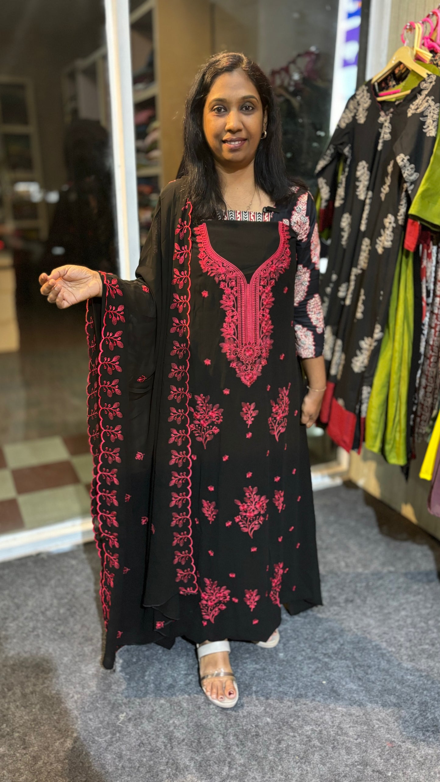 Maanvi Black & Red Georgette Unstitched Salwar Suit with Heavy Embroidery, Pant & Scallop Dupatta | MA-2109
