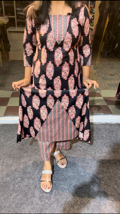 Maanvi Black Cotton Cord Set with Maroon Print, Striped Pant & Pockets | MA-2108