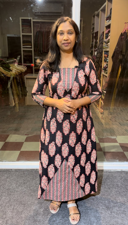 Maanvi Black Cotton Cord Set with Maroon Print, Striped Pant & Pockets | MA-2108