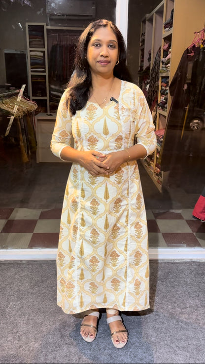 Maanvi Ivory Pastel Cotton A-Line Kurti with Top-to-Bottom Lace Work & Pockets | MA-2110