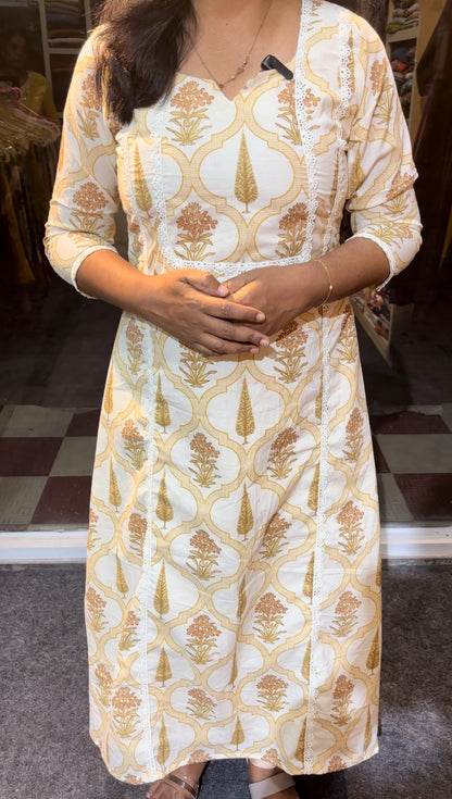 Maanvi Ivory Pastel Cotton A-Line Kurti with Top-to-Bottom Lace Work & Pockets | MA-2110
