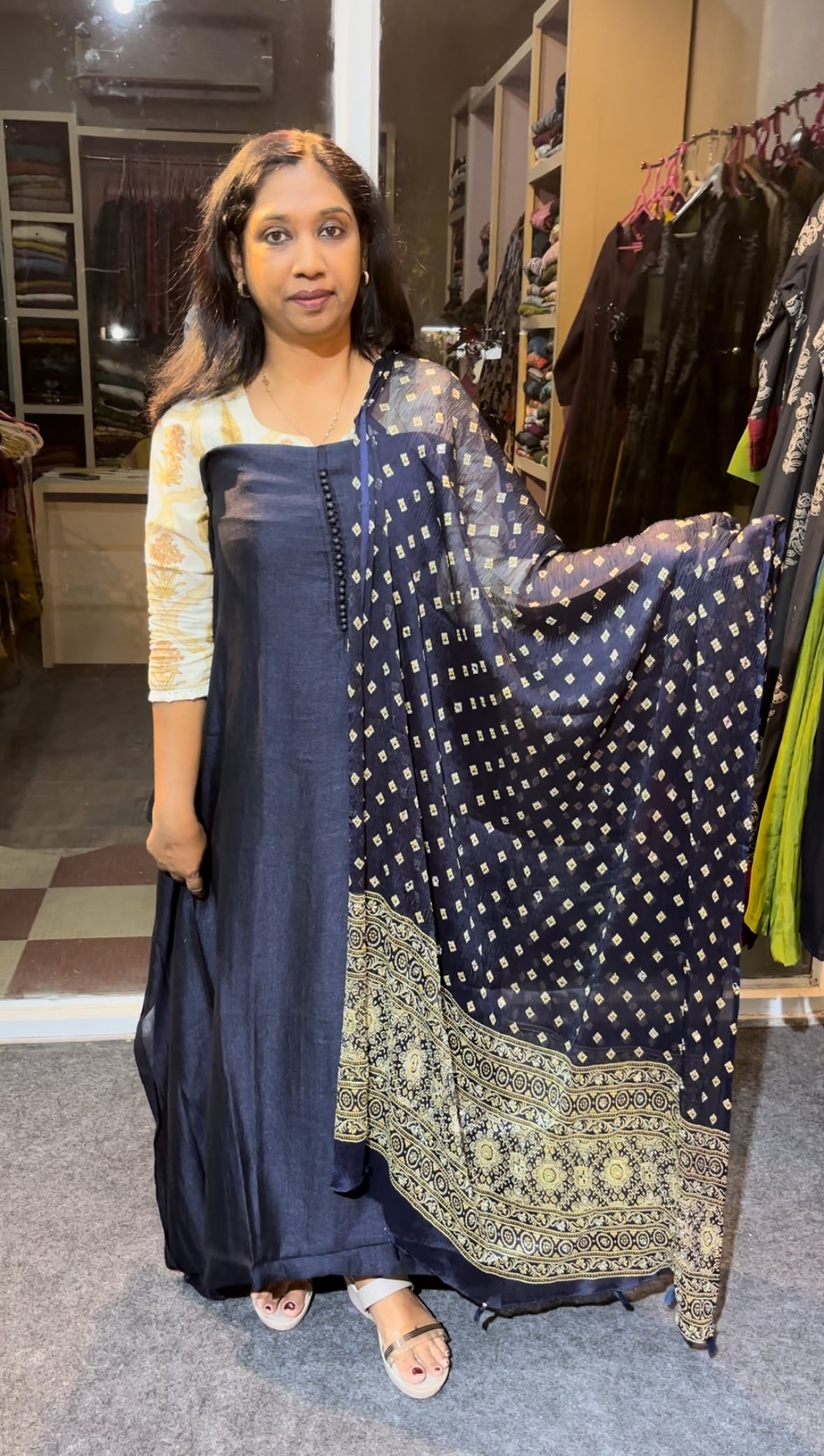 Maanvi Shinnon Unstitched Salwar Suit with Potli Button Detail & Mirror Work Dupatta | MA-2111