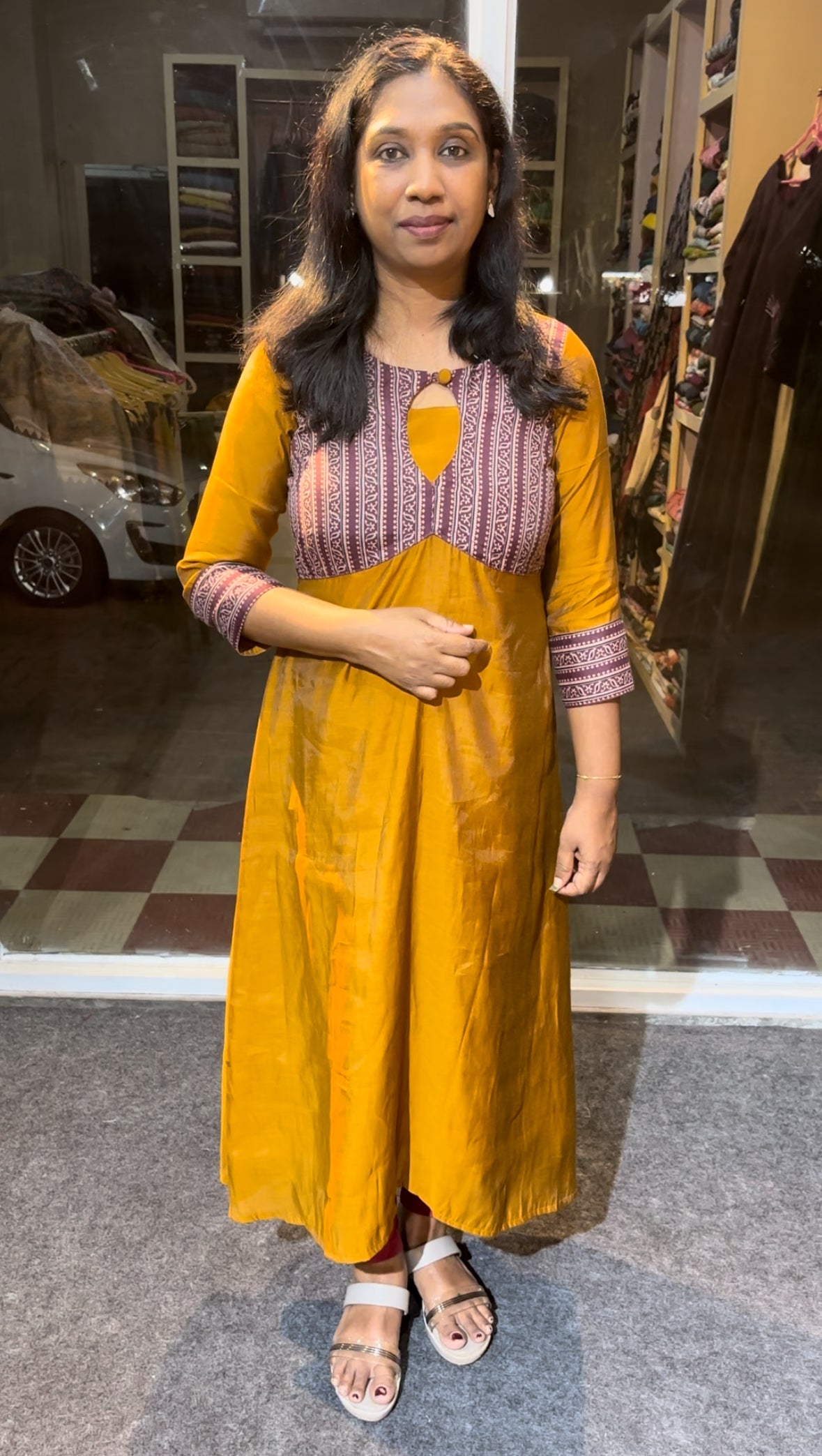 Maanvi Golden Brown Chanderi A-Line Kurti with Patch Work & Boat Neck | MA-2114