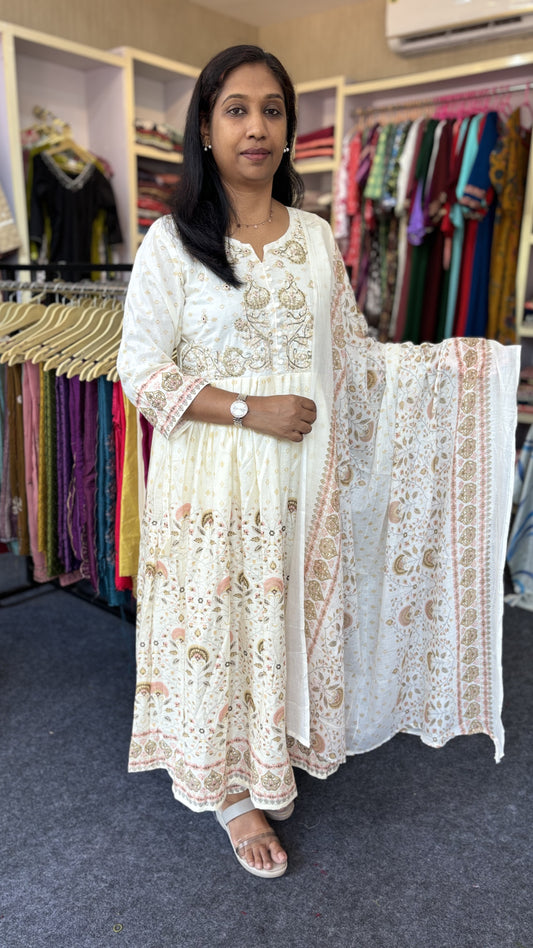 Cotton Anarkali Kurti Set with Heavy Embroidery Neck | Pleated Kurti with Semi Palazzo Pant & Printed Dupatta