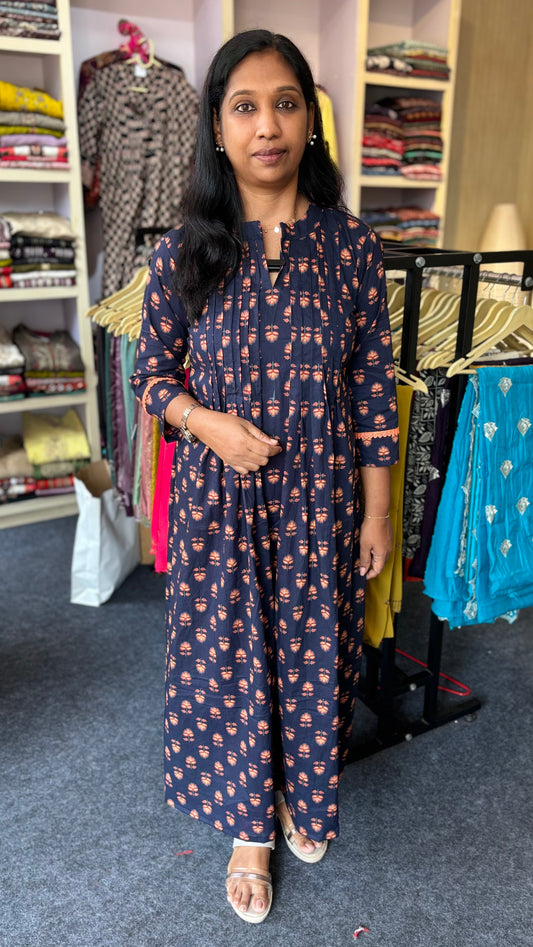 Maanvi Pure Cotton Pintuck Kurti with Collar Neck & Lace Detail | Navy Blue Floral Printed Loose Fit Kurti for Women