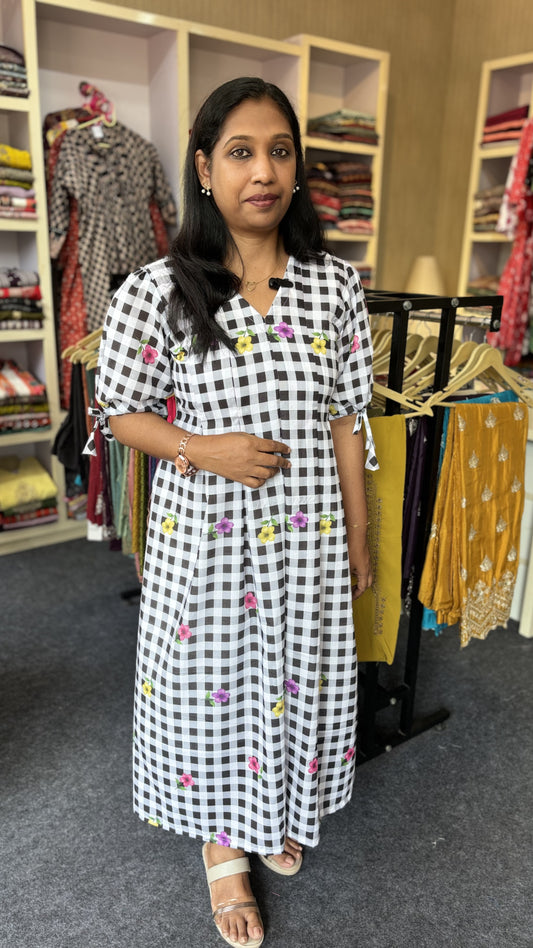 Maanvi Checks Design Frock with Box Pleats & Knot Sleeve Detail | Trendy Casual Wear Dress for Women