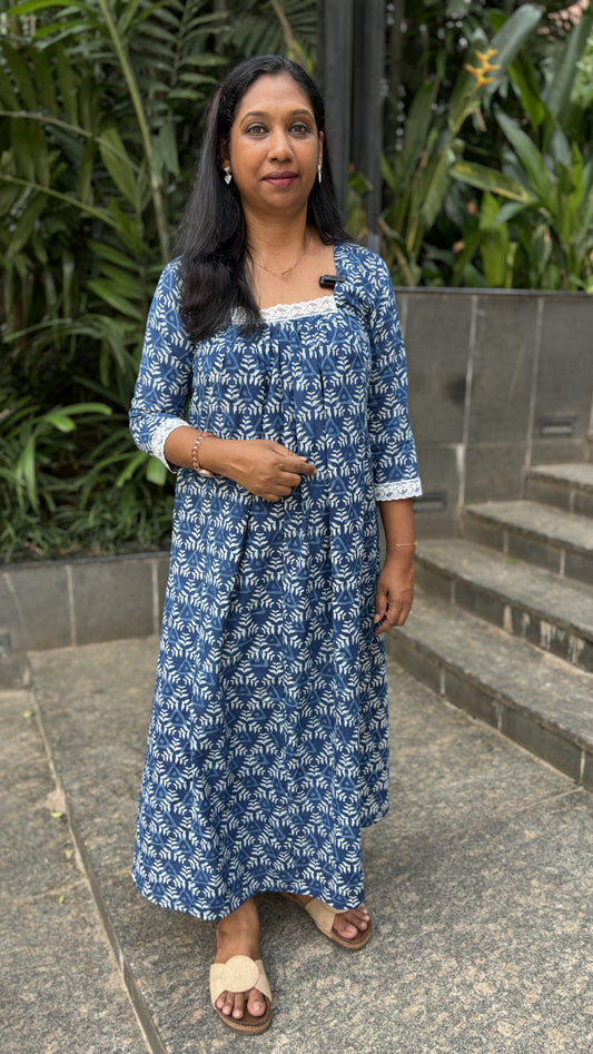 Maanvi Cotton Anarkali Kurti with Square Neck & Lace Detail | Indigo Blue 3/4 Sleeve Ethnic Wear for Women