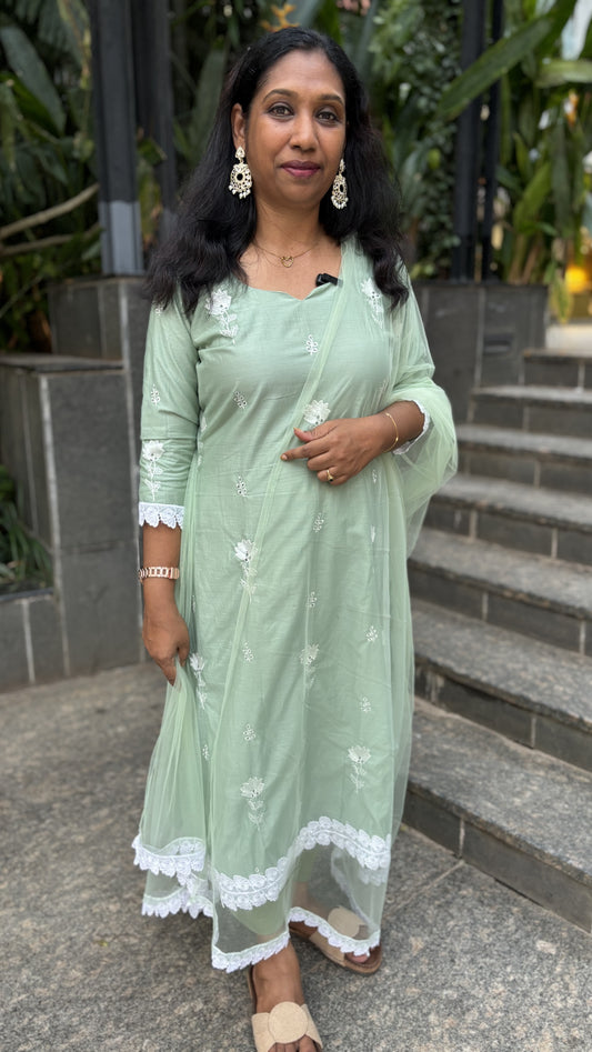 Maanvi Mul Chanderi Slitted Kurti Set with White Embroidery | Pista Green Party Wear with Straight Pant & Net Dupatta