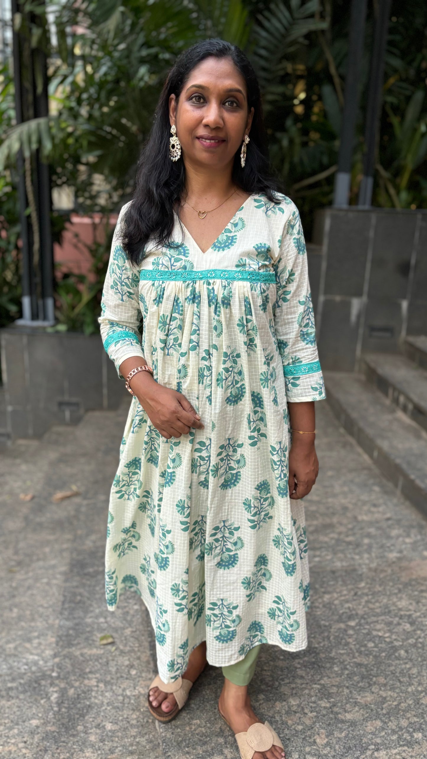 Maanvi Pure Cotton A-Line Anarkali Kurti with Lace Detail | Cream & Peacock Blue Ethnic Wear for Women