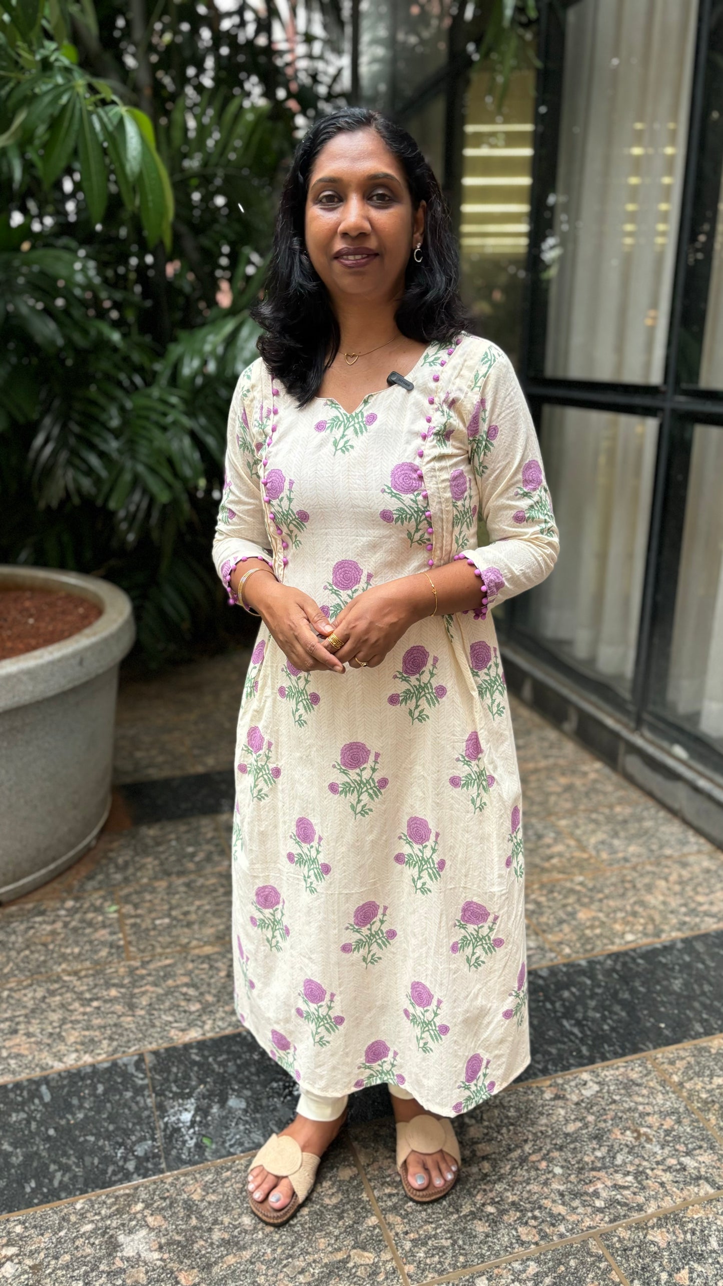 Maanvi Cotton A-Line Kurti with Pintuck & Potli Button Detail | Elegant Neck Ethnic Wear with Pockets for Women